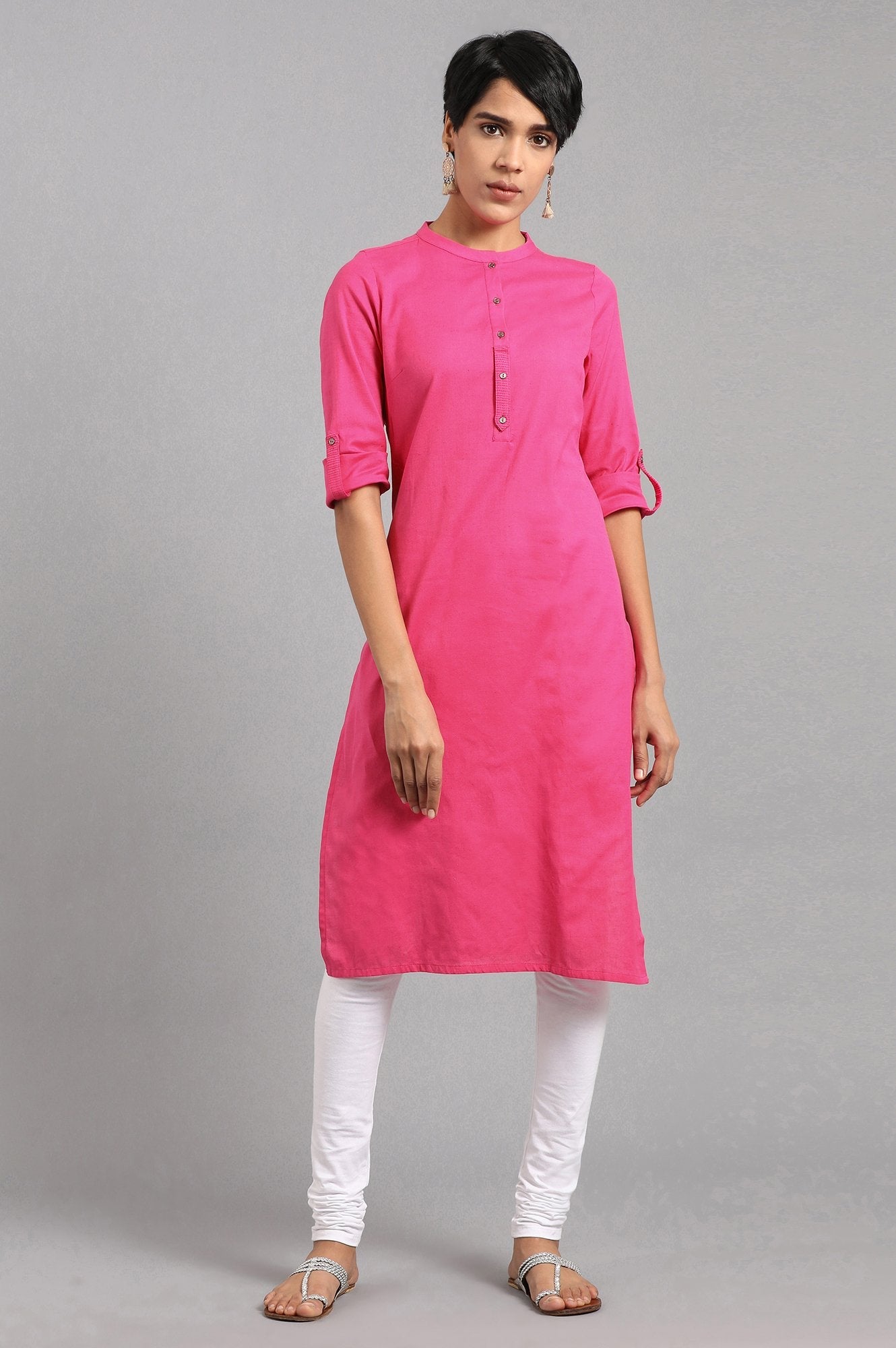 Pink Solid Straight Cotton Kurta