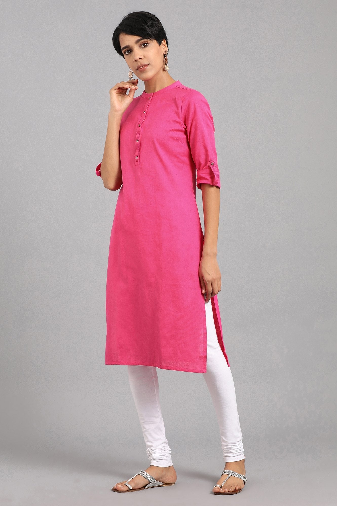 Pink Solid Straight Cotton Kurta