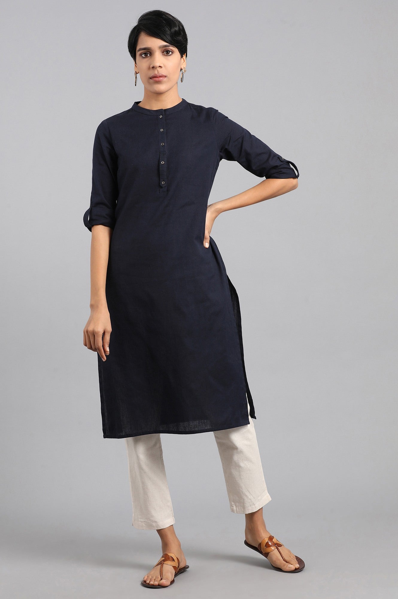 Blue Solid Straight Cotton Flax Kurta