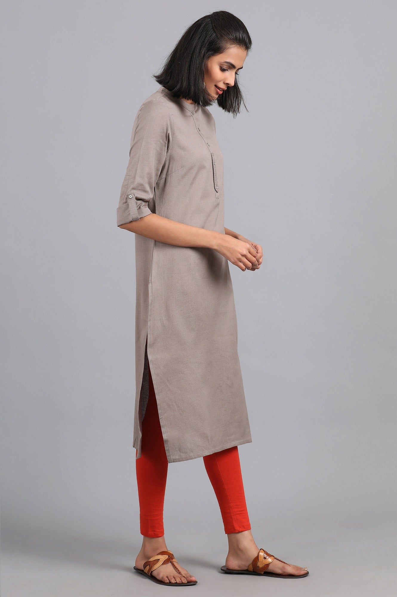 Grey Solid Straight Cotton Kurta