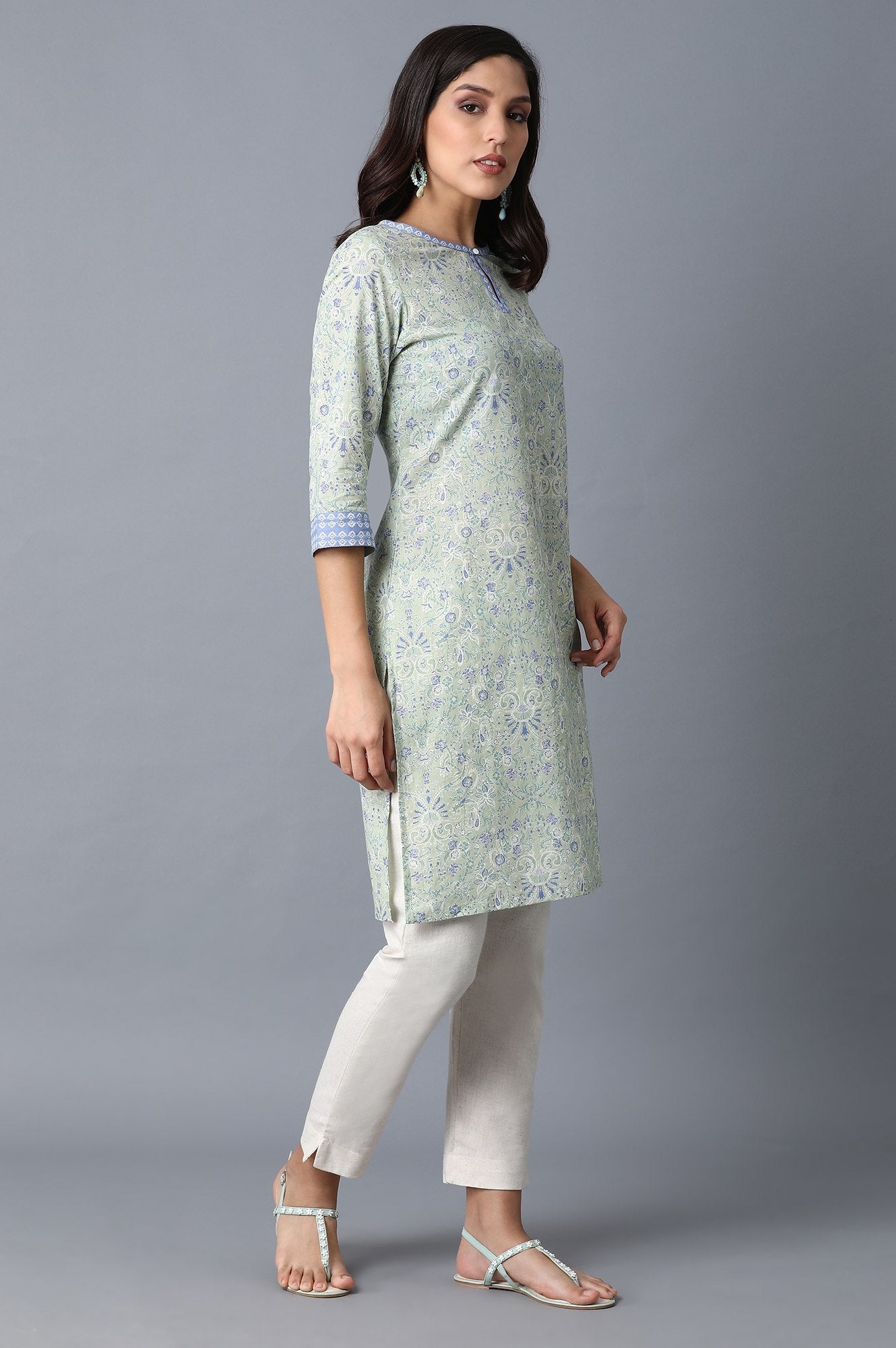 Green Floral Printed Tape Straight Cotton Kurta