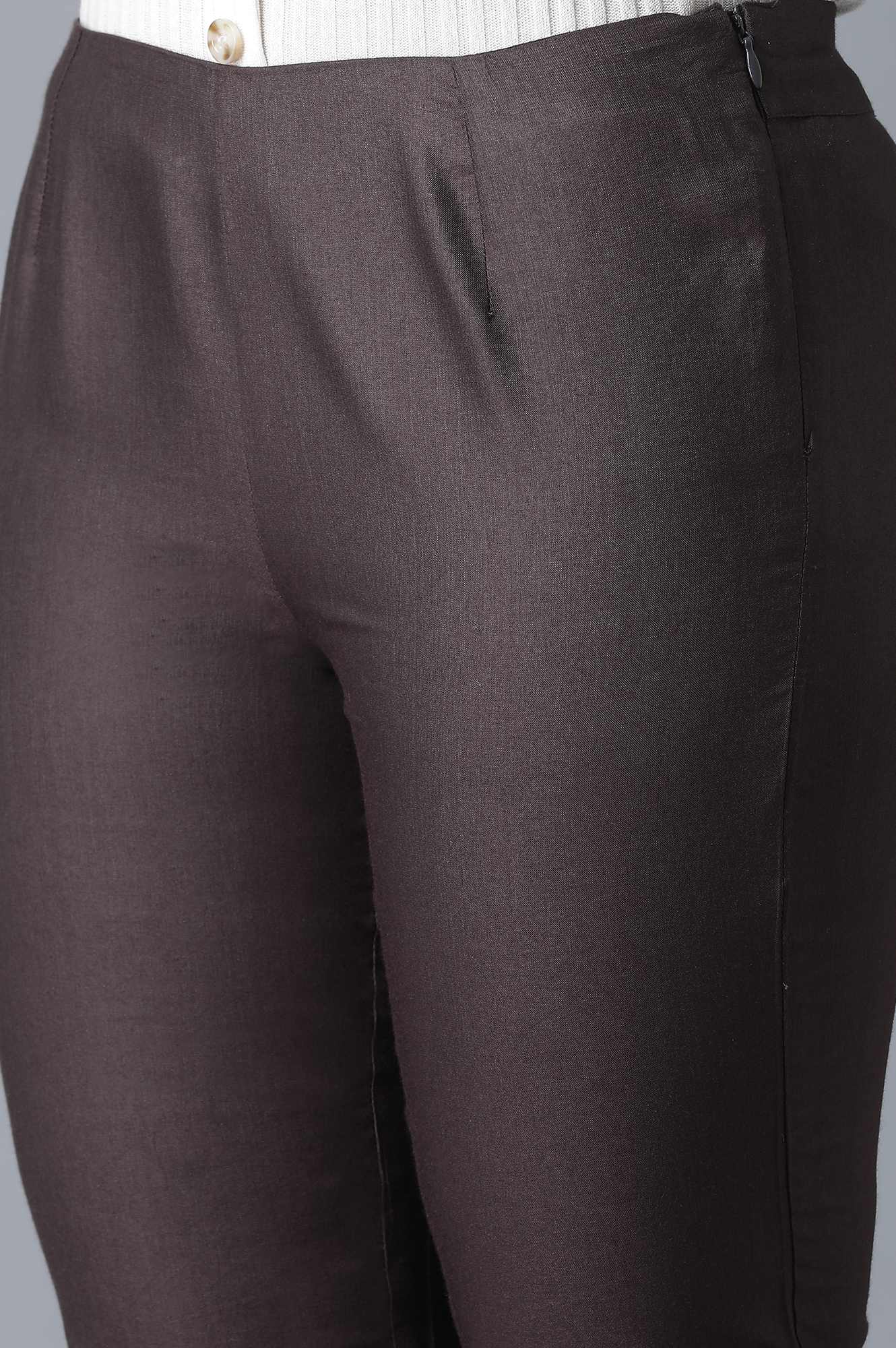 Brown Solid Embroidered Tapered Silk Slim Pants