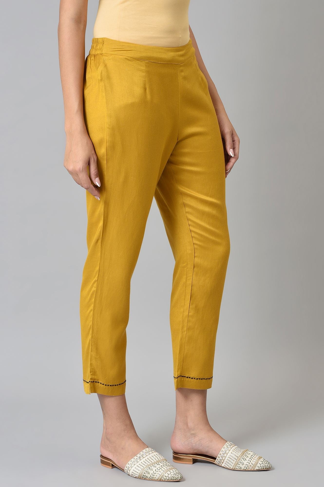 Light Yellow Solid Thread Embroidered Pure Cotton A-Line Kurta and Straight Pant Set