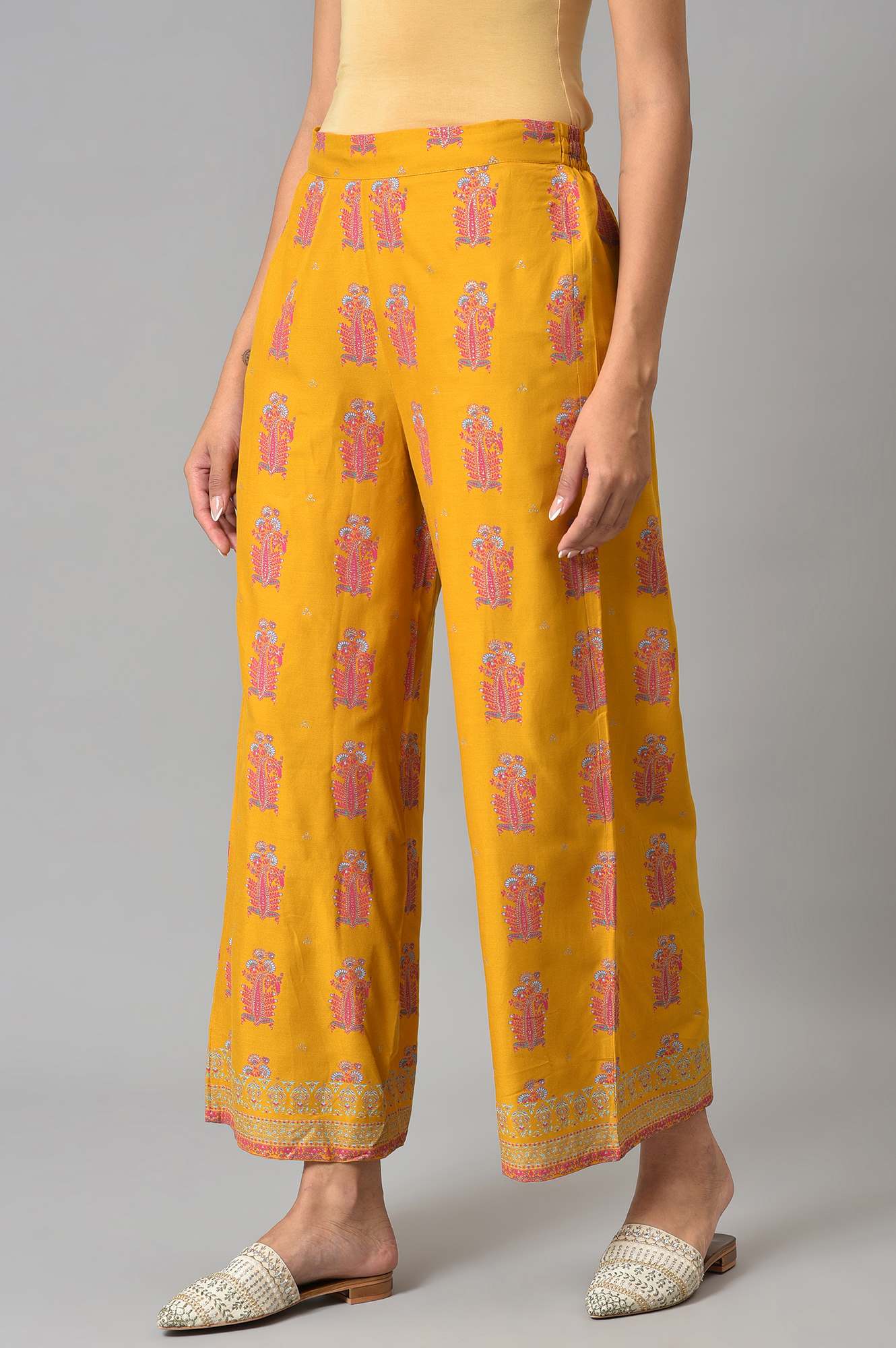 Yellow Thread Embroidery Rayon A-line Kurta and Parallel Pant Set