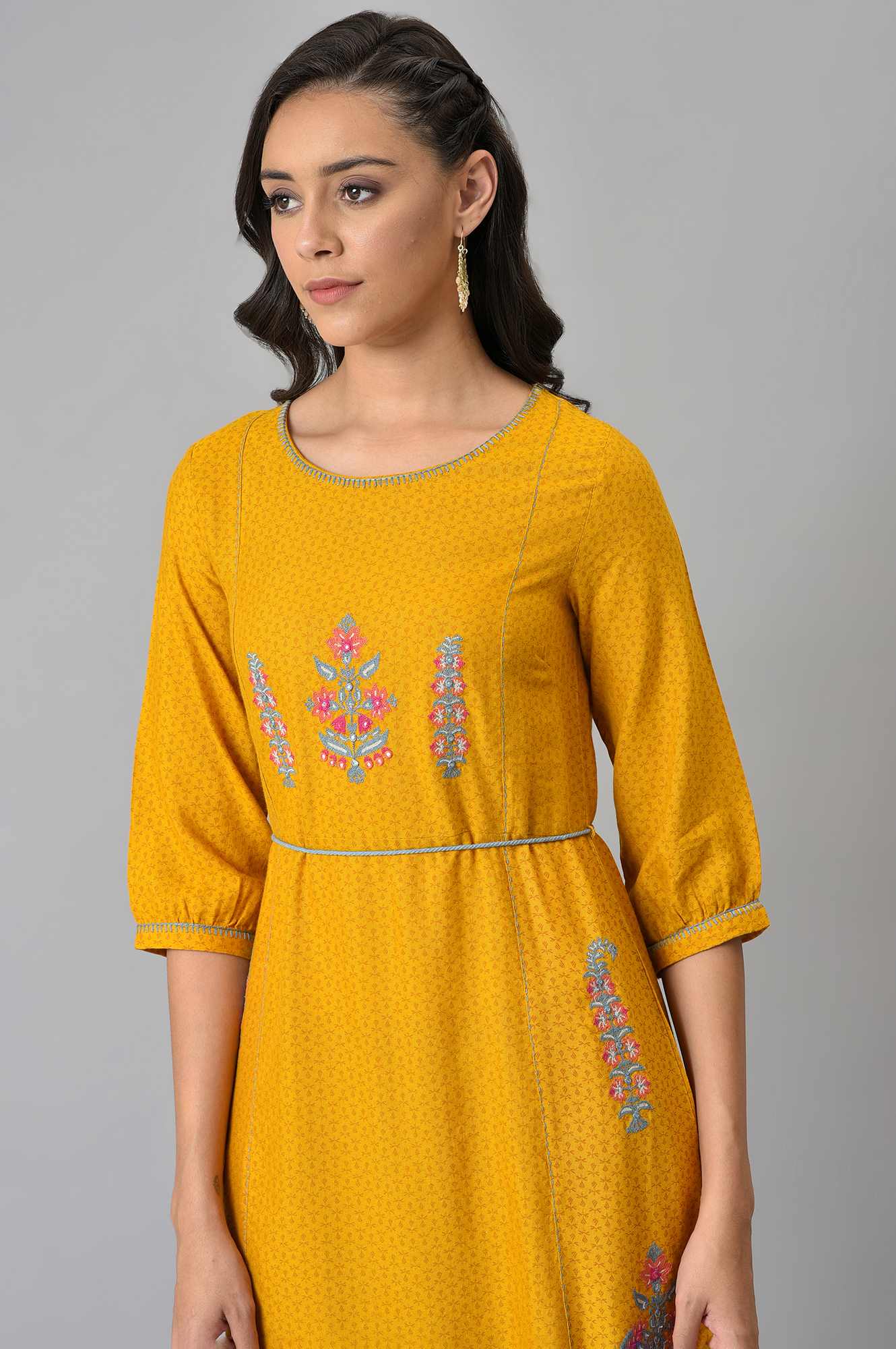 Yellow Thread Embroidery Rayon A-line Kurta and Parallel Pant Set
