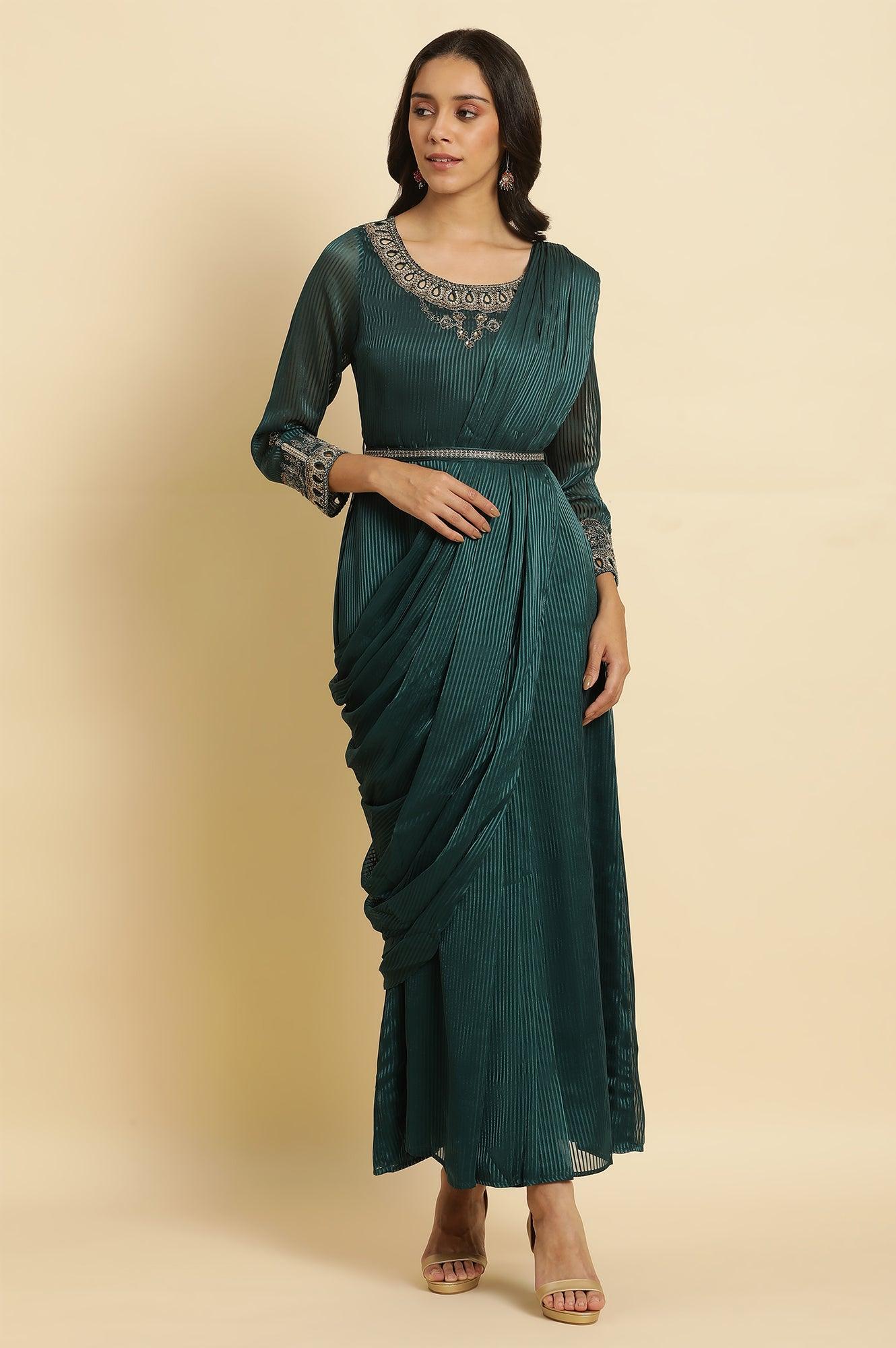 Green Embelloshed Predrape Saree Dress - wforwoman