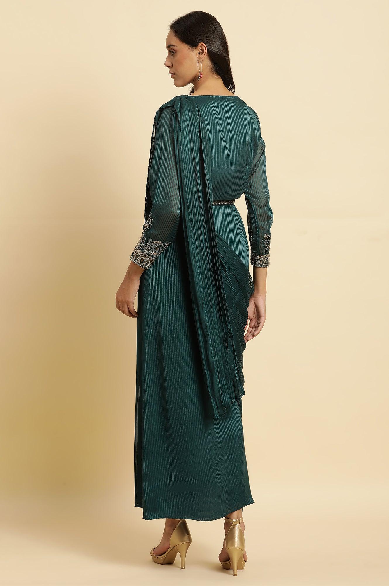 Green Embelloshed Predrape Saree Dress - wforwoman