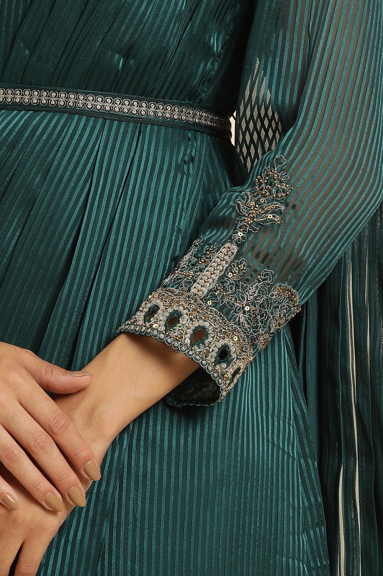 Green Embelloshed Predrape Saree Dress - wforwoman