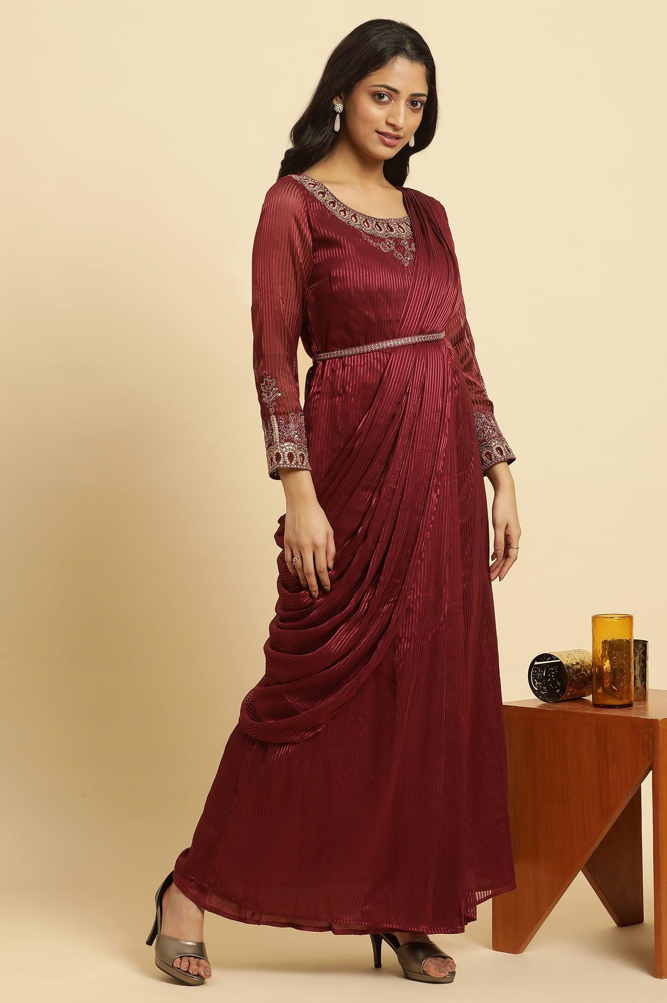 Maroon Jewelled Neck Pre-Drape Saree Dress - wforwoman