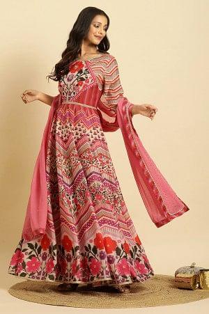 Multi-Coloured Floral Printed Anarkali Dress And Dupatta Set - wforwoman