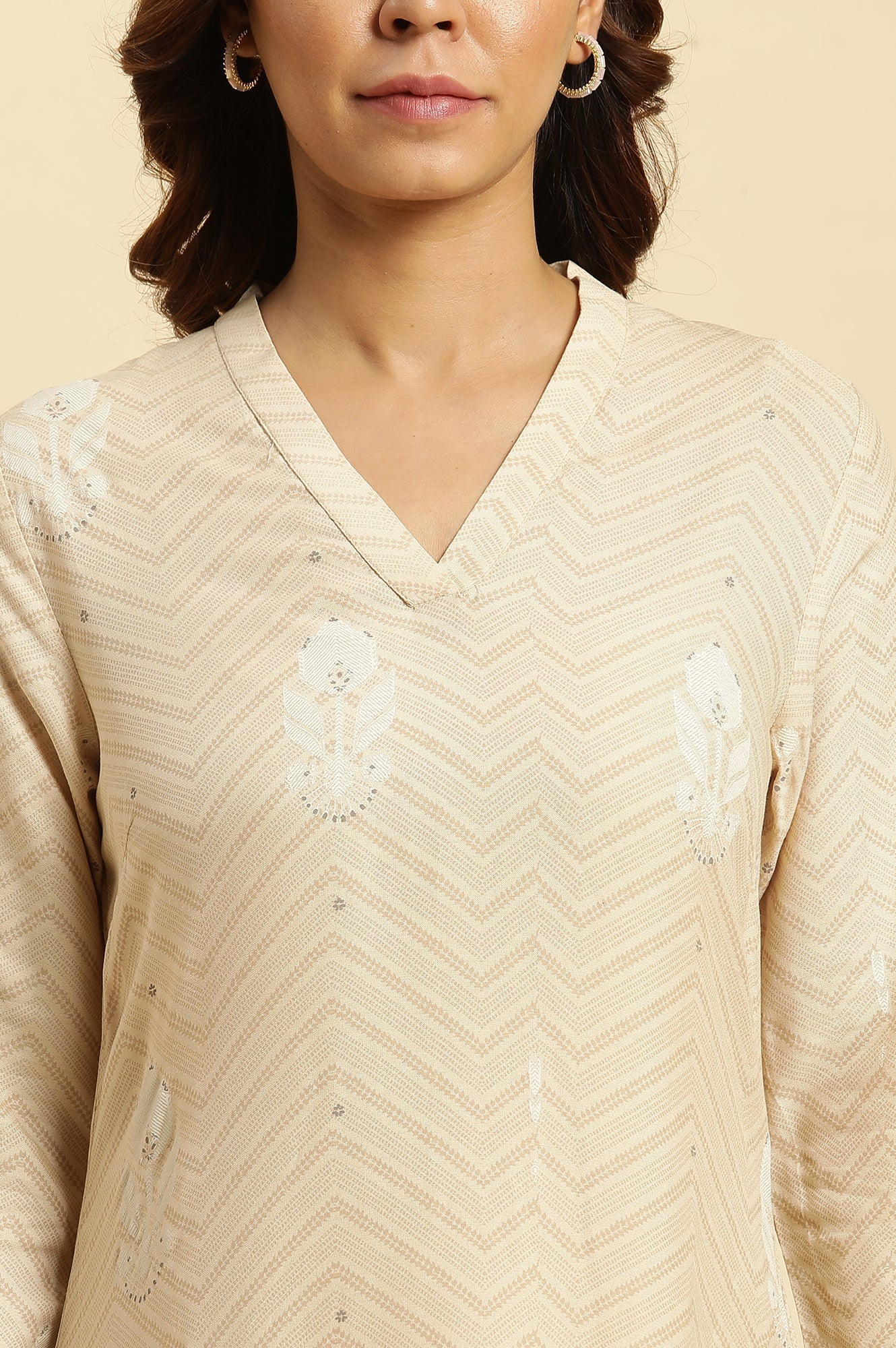 Beige Floral Printed Rayon A-Line Kurta and Slim Pant Set