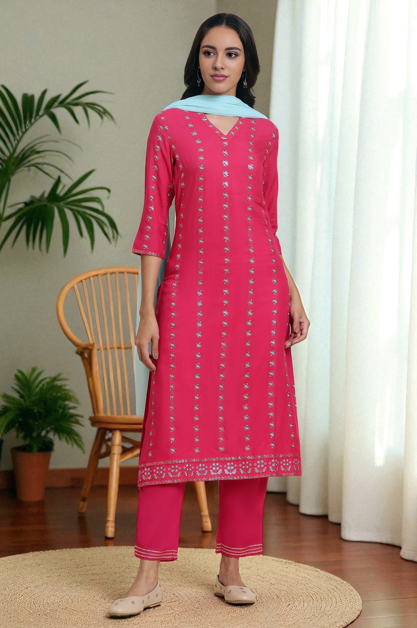 Pink Embellished Festive Kurta, Pants And Dupatta Set