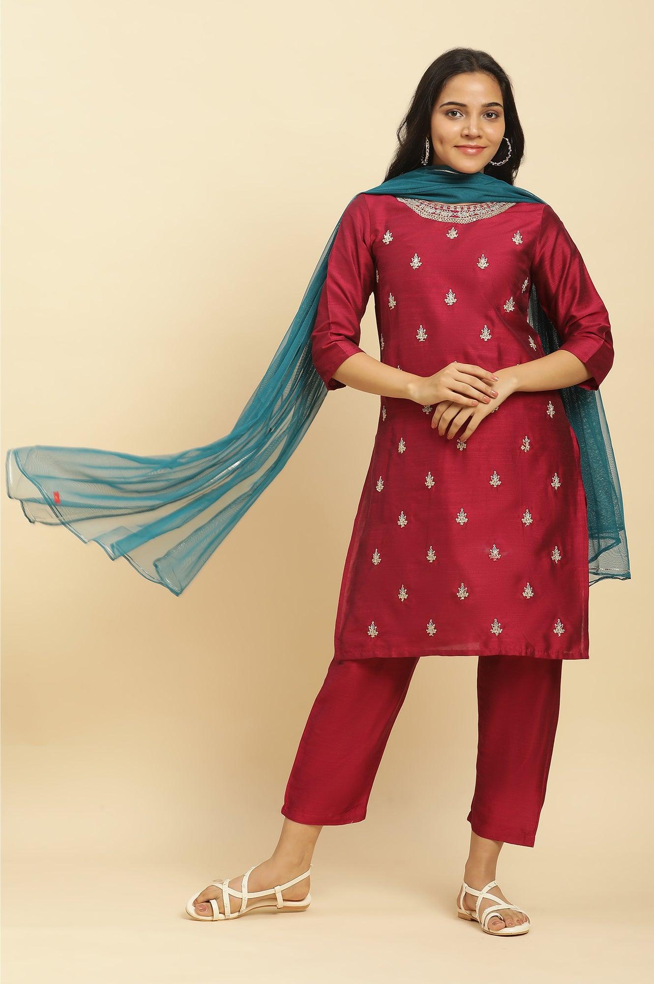 Red Dori Embroidered Festive Kurta, Pants And Dupatta Set - wforwoman