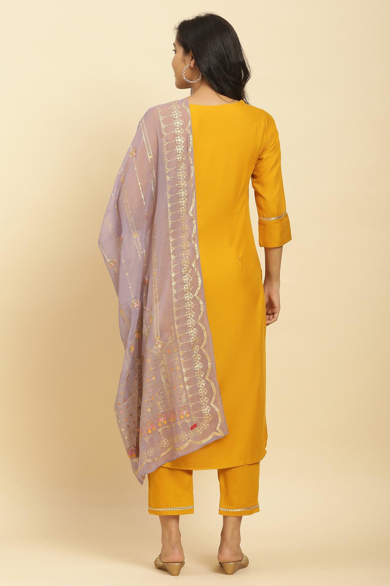 Yellow Embellished Shantung Kurta, Pants And Dupatta Set - wforwoman