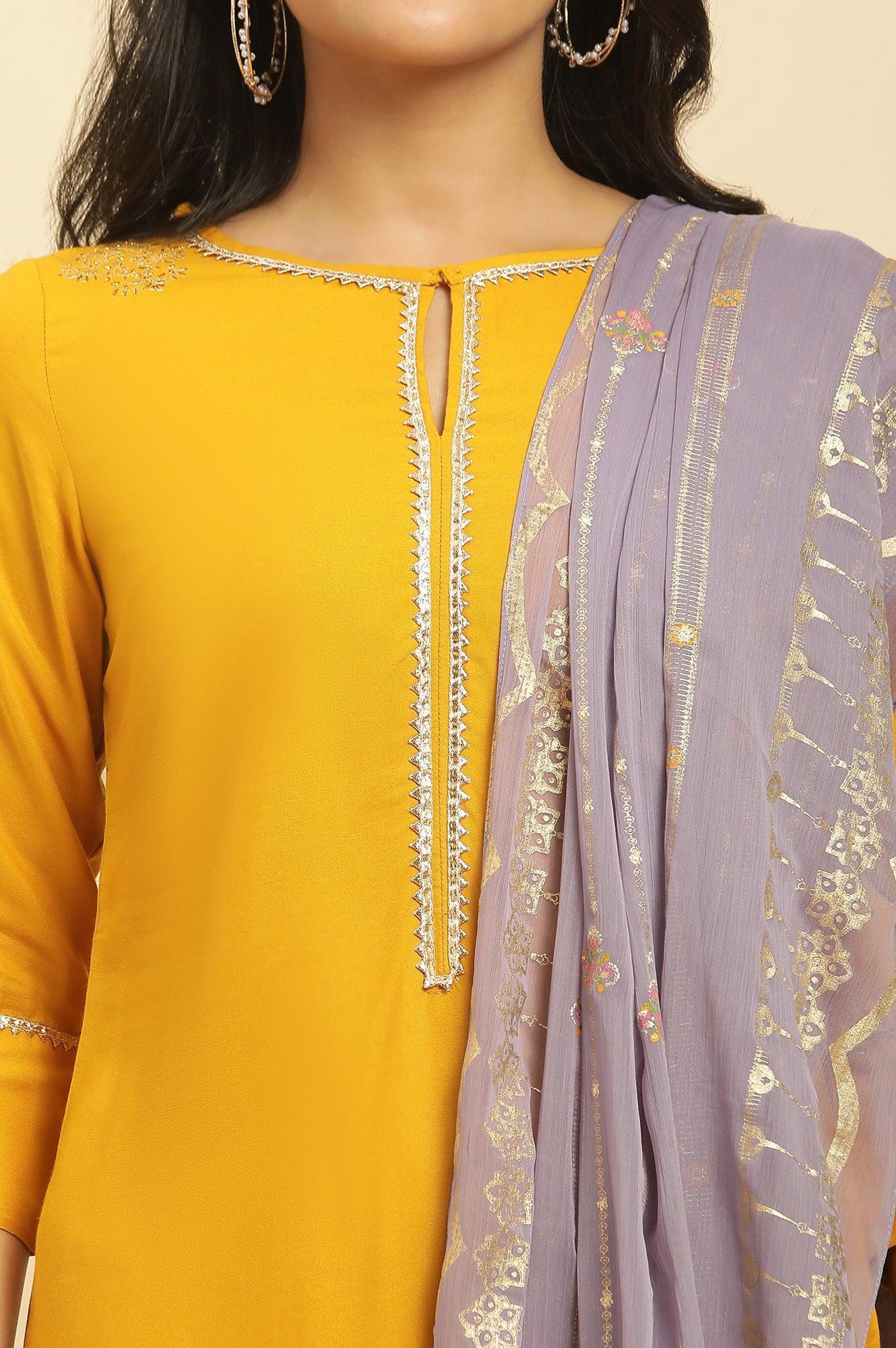 Yellow Embellished Shantung Kurta, Pants And Dupatta Set - wforwoman