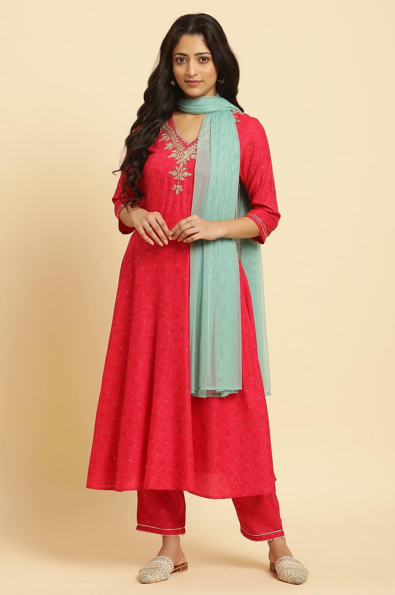 Pink Metallic Embroidered A-Line Kurta, Pants And Dupatta Set - wforwoman