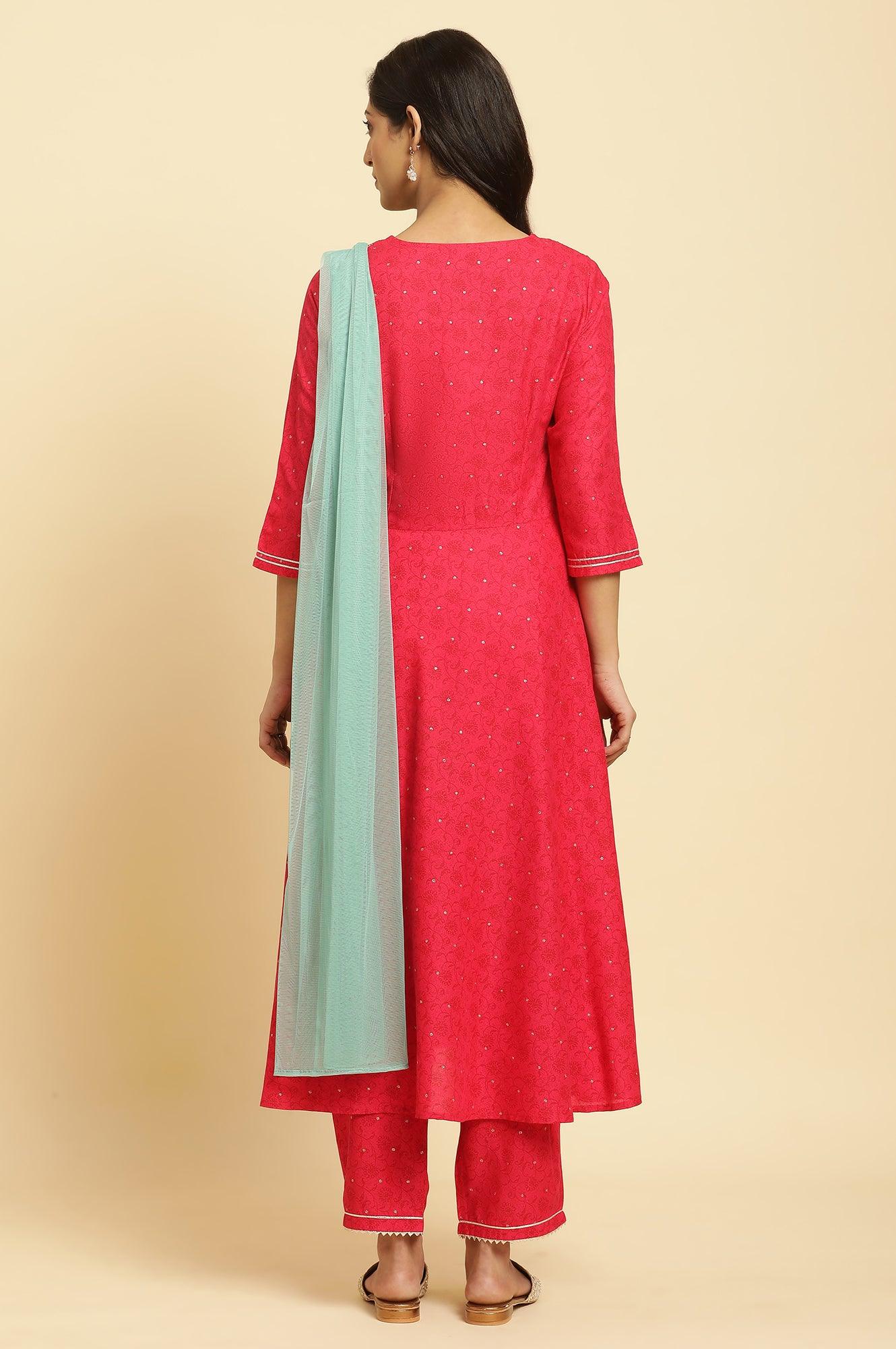 Pink Metallic Embroidered A-Line Kurta, Pants And Dupatta Set - wforwoman