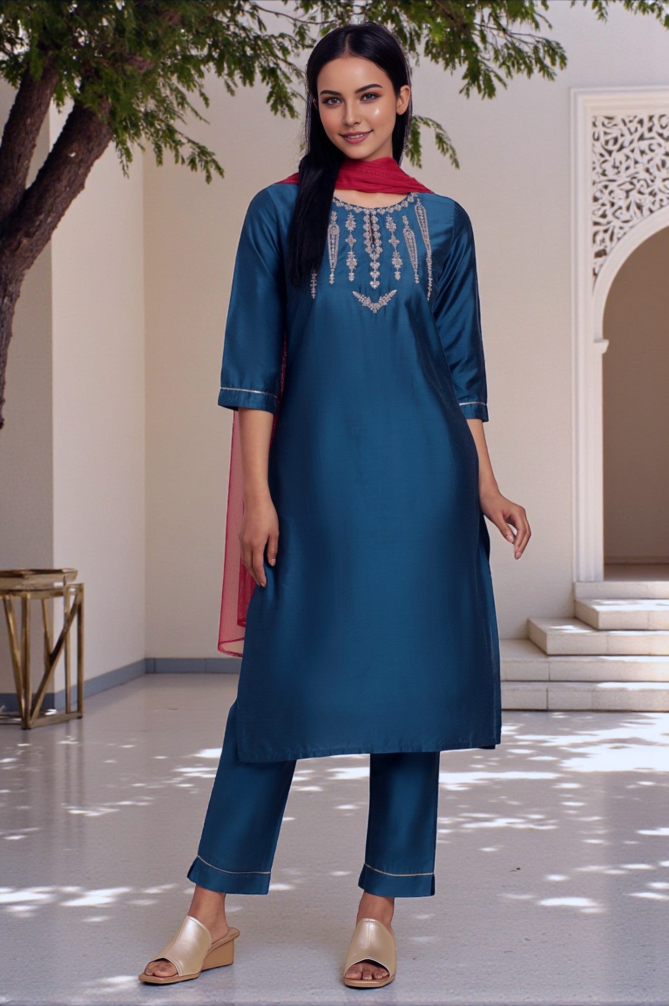Blue Embroidered Shantung Kurta, Pants And Dupatta Set