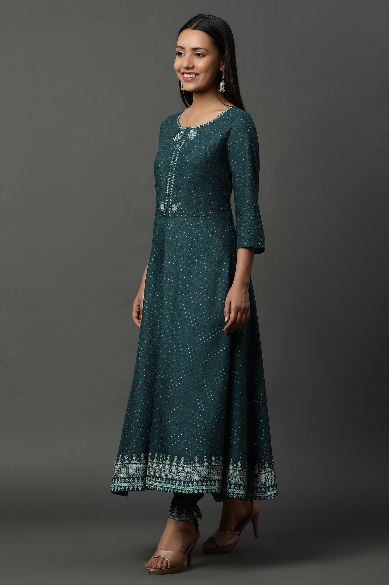 Teal Green Embellished Flared Kurta, Pants And Dupatta Set - wforwoman