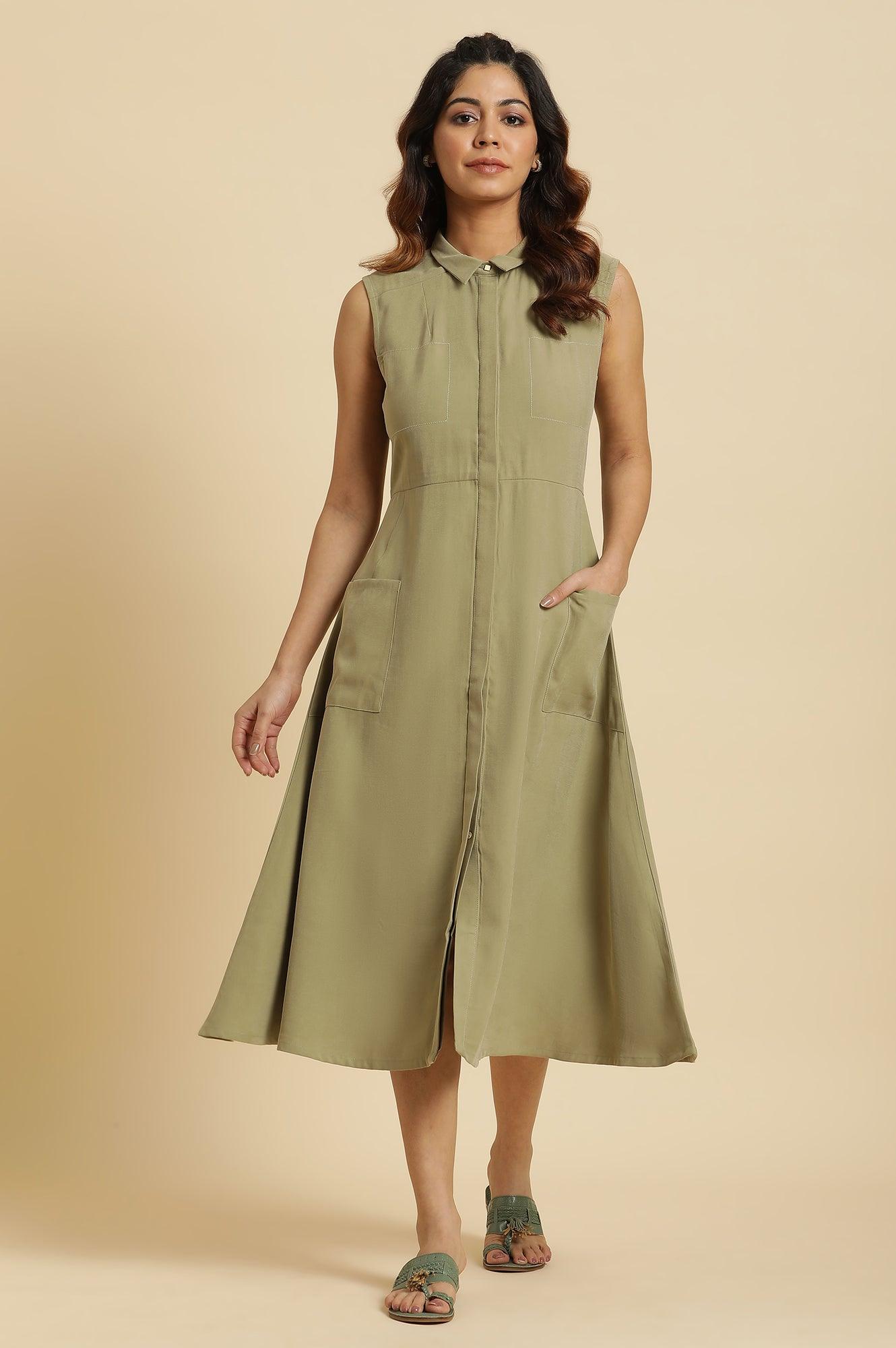 Green Solid A-Line Tailored Long Dress - wforwoman
