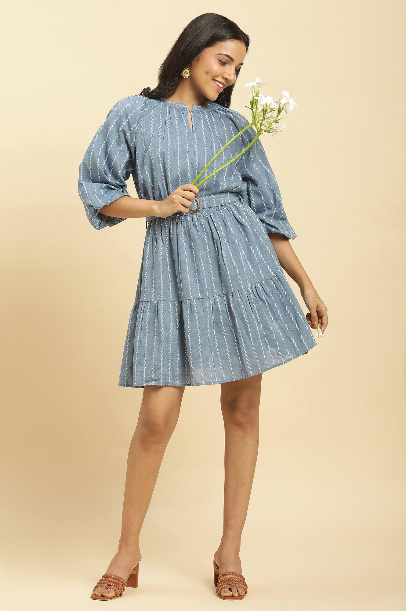 Blue Yarn Dyed Tiered Western Dress With Belt - wforwoman