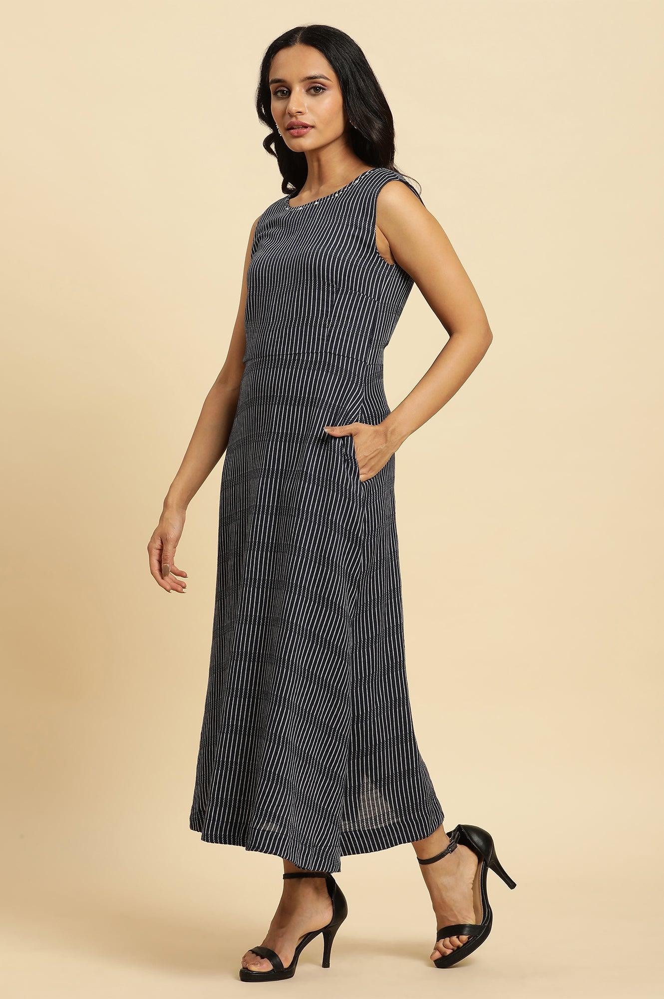Navy Stripes Fit And Flare Dress With Embroidered Neck - wforwoman