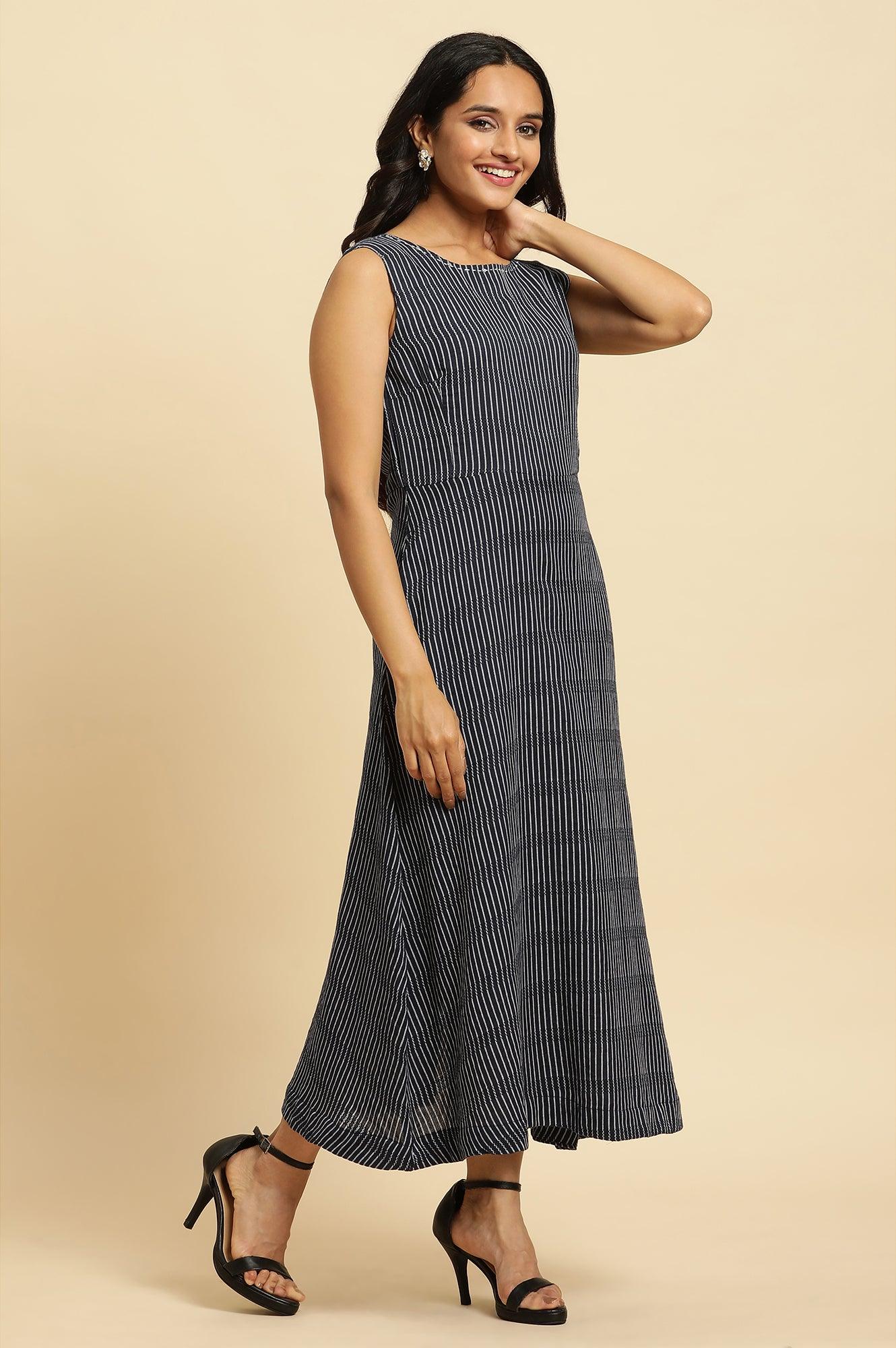 Navy Stripes Fit And Flare Dress With Embroidered Neck - wforwoman