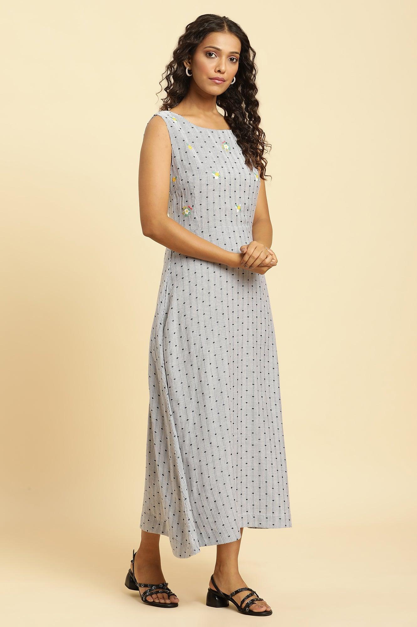 Blue Sleeveless Embroidered Western Dress - wforwoman