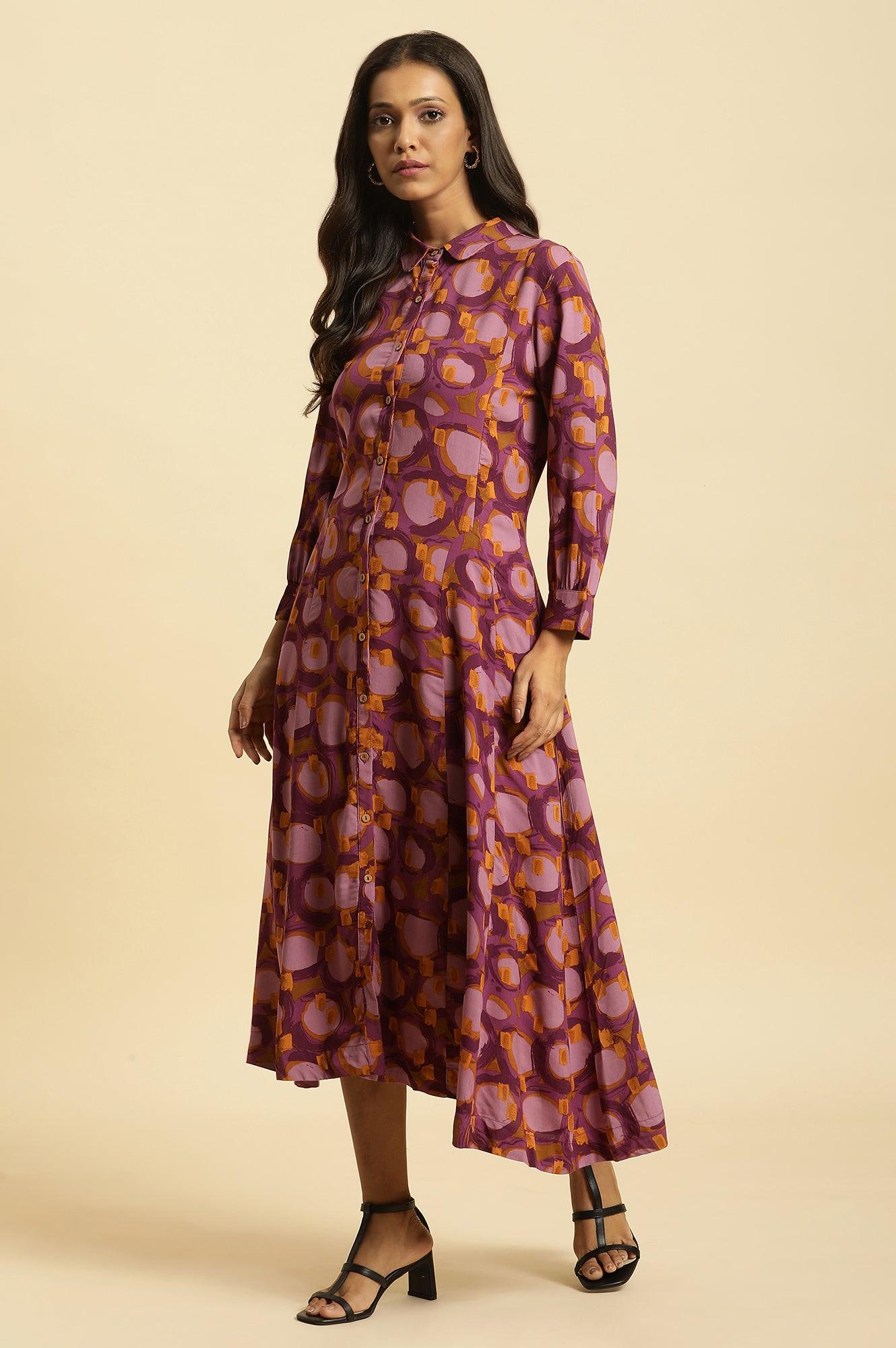Purple Abstract Printed A-Line Western Dress - wforwoman