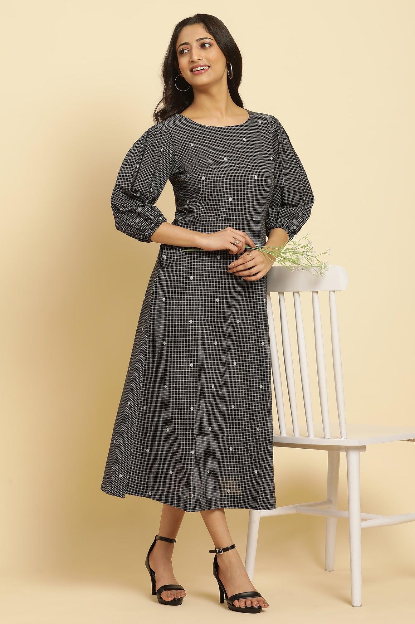 Black Polka Dot Printed Western Dress With Puff Sleeves - wforwoman