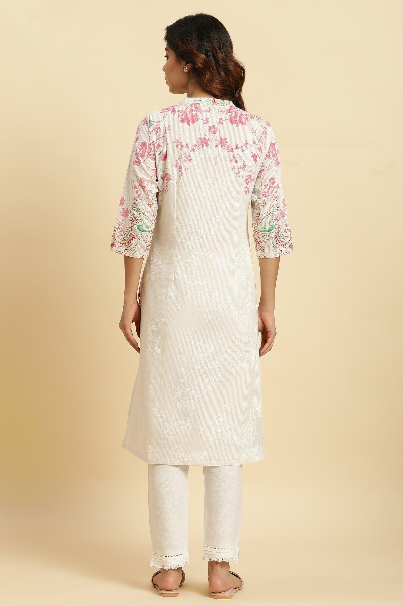 Ecru Mandarin Collar Kurta With Multi-Coloured Print - wforwoman