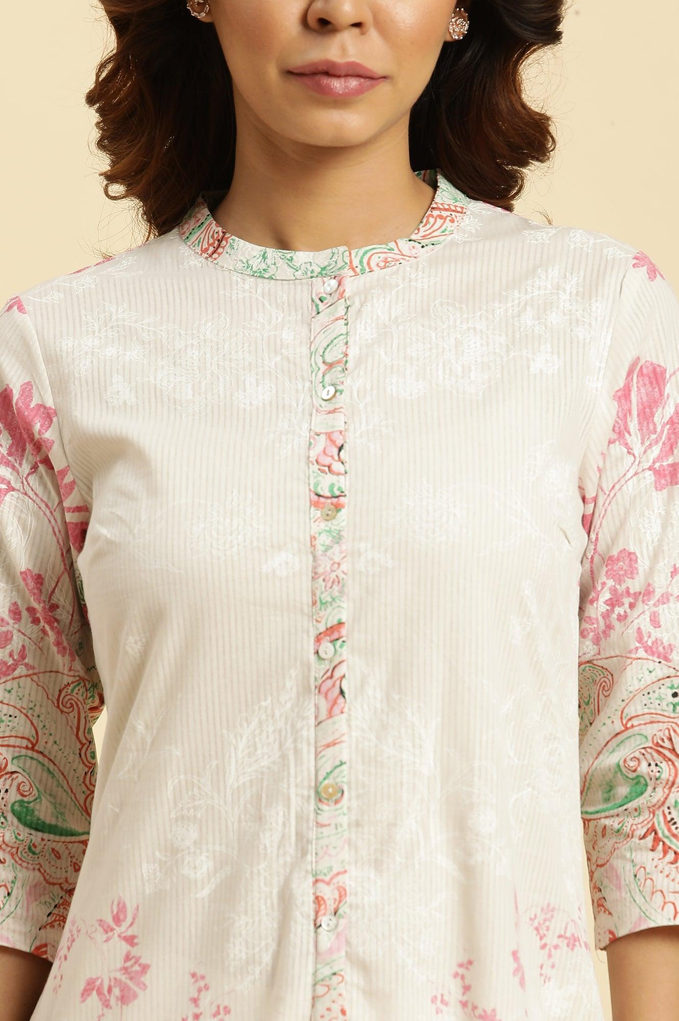 Ecru Mandarin Collar Kurta With Multi-Coloured Print - wforwoman
