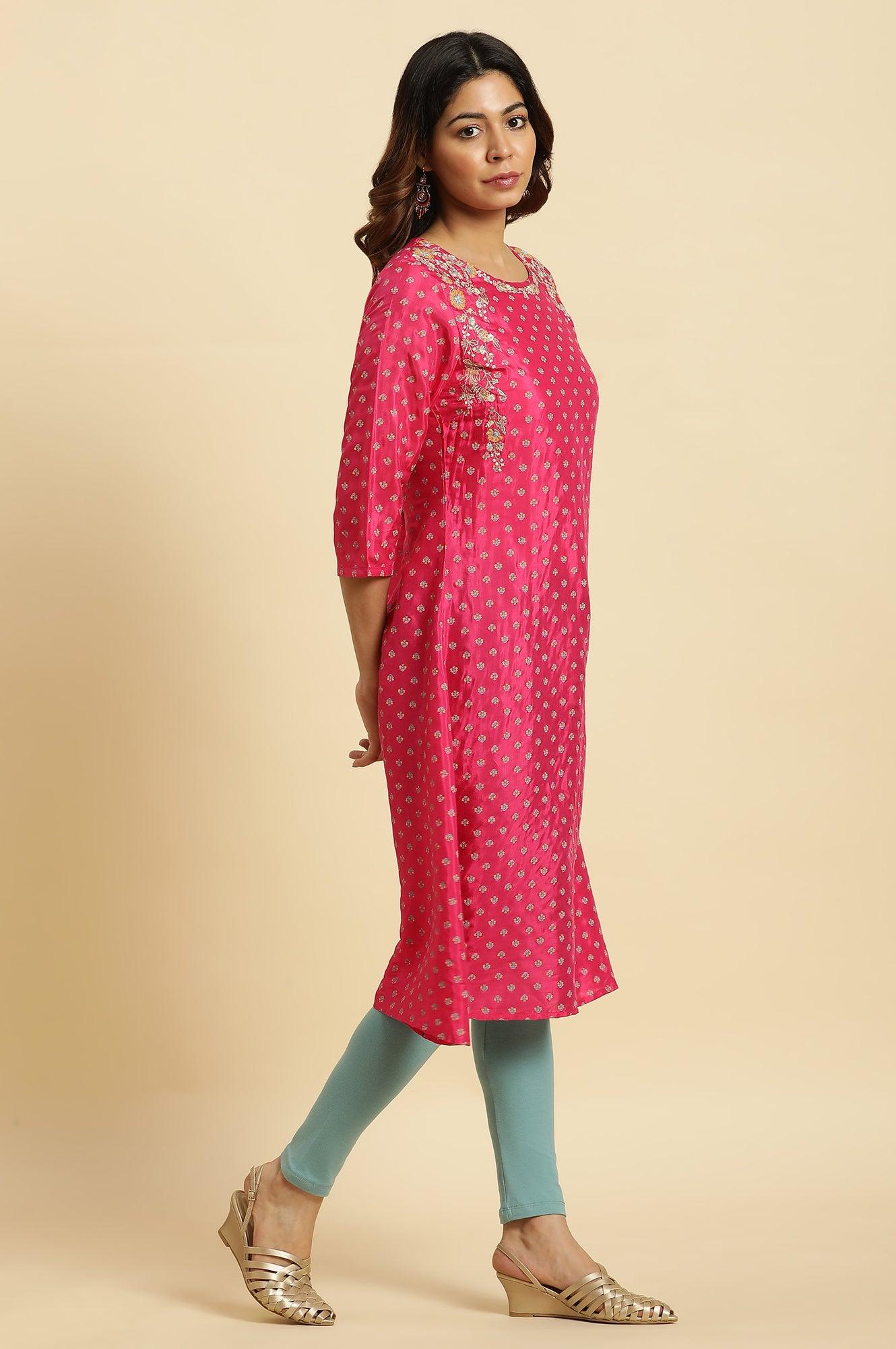 Dark Pink Embroidered A-Line Festive Kurta - wforwoman