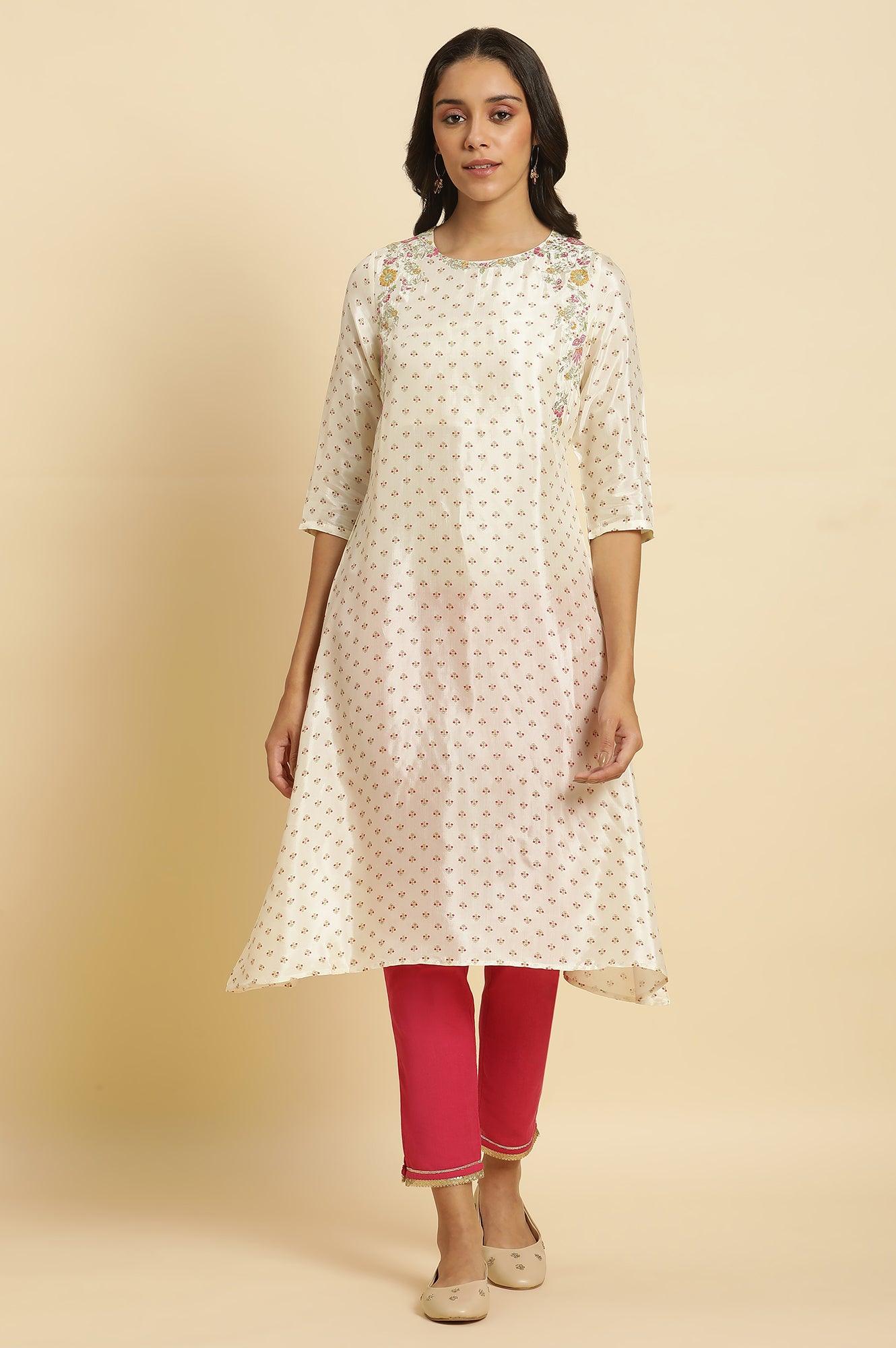 Ecru A-Line Embroidered Festive Kurta - wforwoman