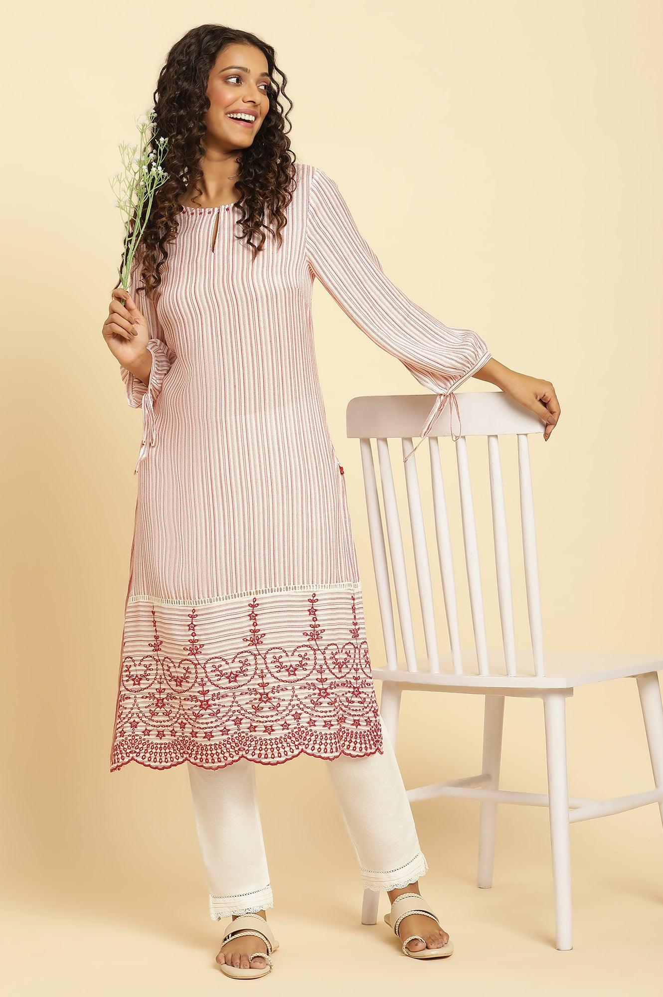 Red And White Stripes Kurta With Schiffli Embroidery - wforwoman