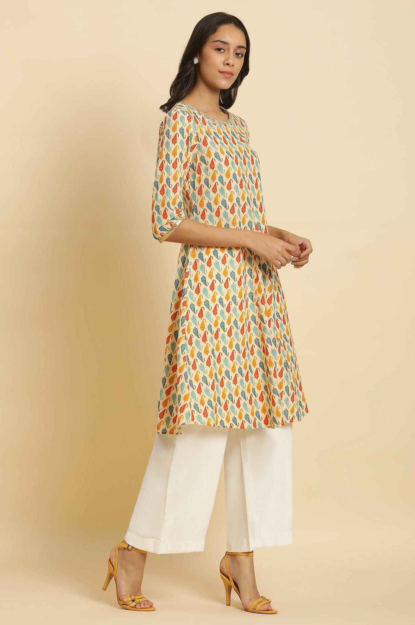 Ecru Flared Kurta In Multi-Coloured Print - wforwoman