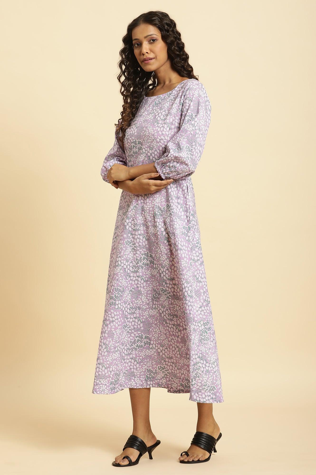 Purple Floral Printed Flared Long Dress - wforwoman