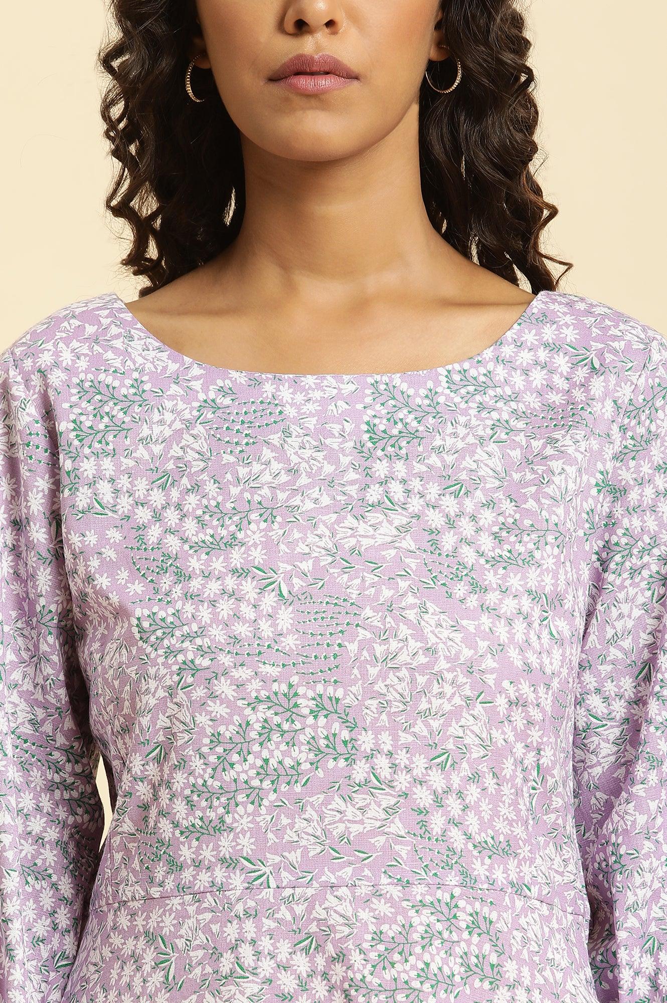 Purple Floral Printed Flared Long Dress - wforwoman