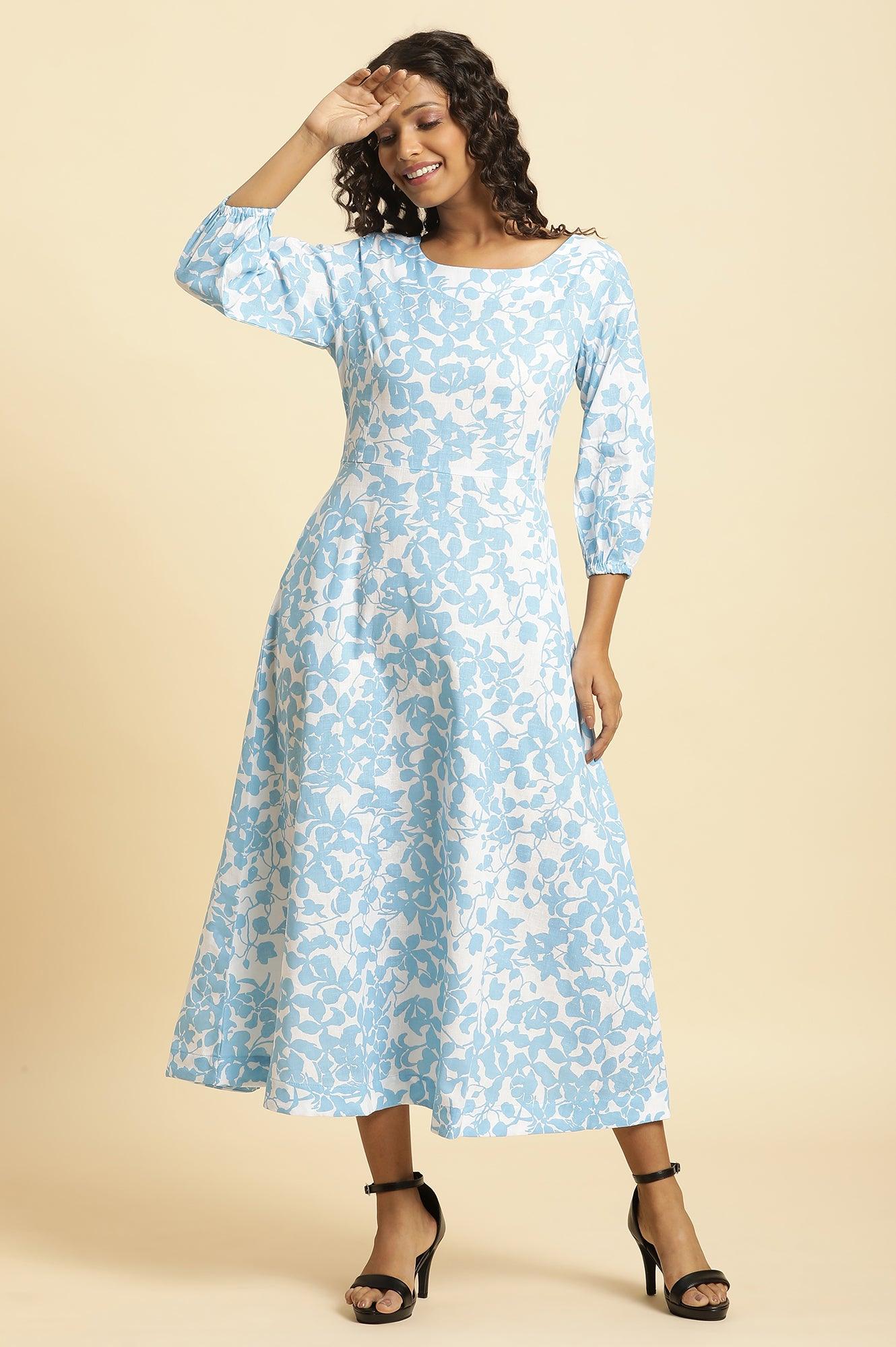 White And Blue Floral Printed Flared Long Dress - wforwoman