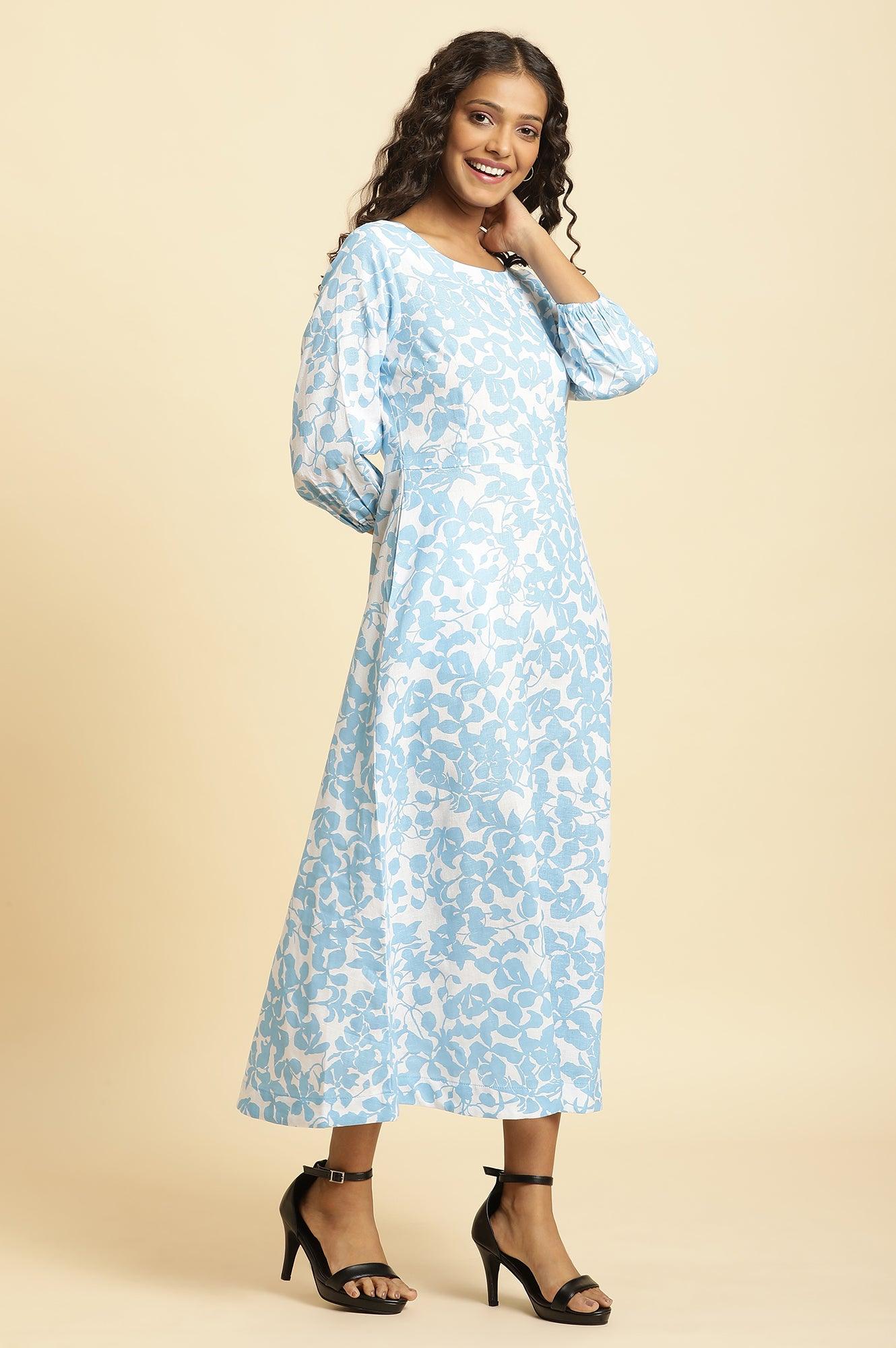 White And Blue Floral Printed Flared Long Dress - wforwoman