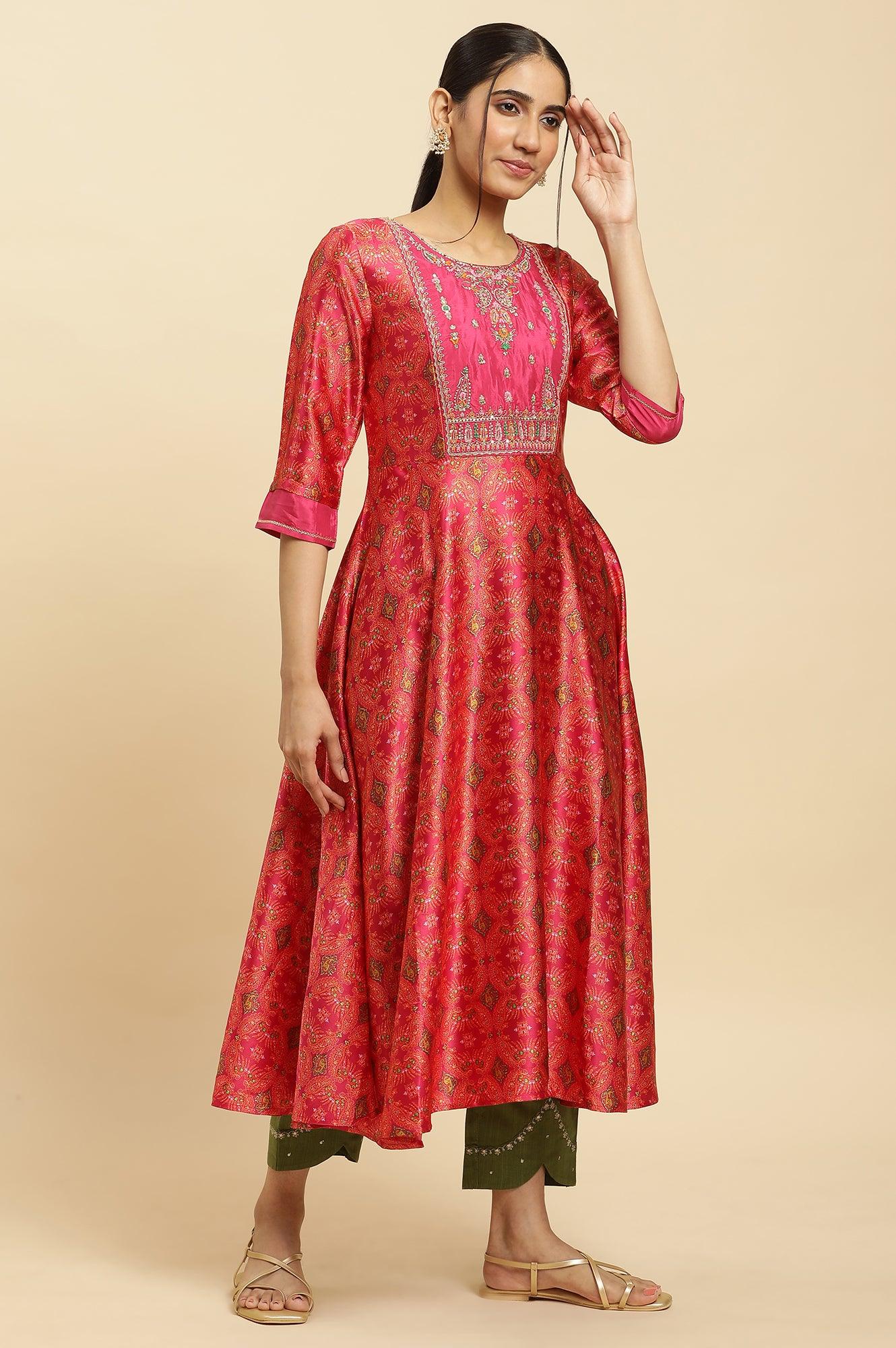 Pink Paisley Printed Flared Kurta With Embroidered Yoke - wforwoman