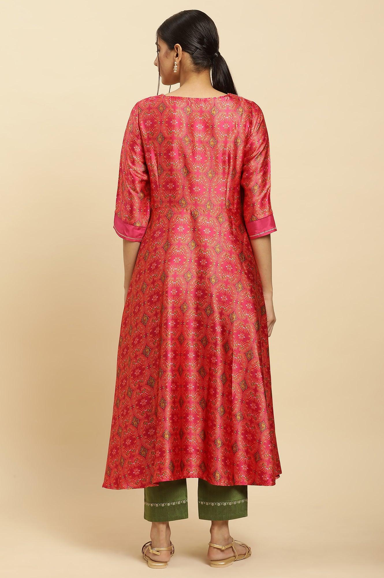 Pink Paisley Printed Flared Kurta With Embroidered Yoke - wforwoman