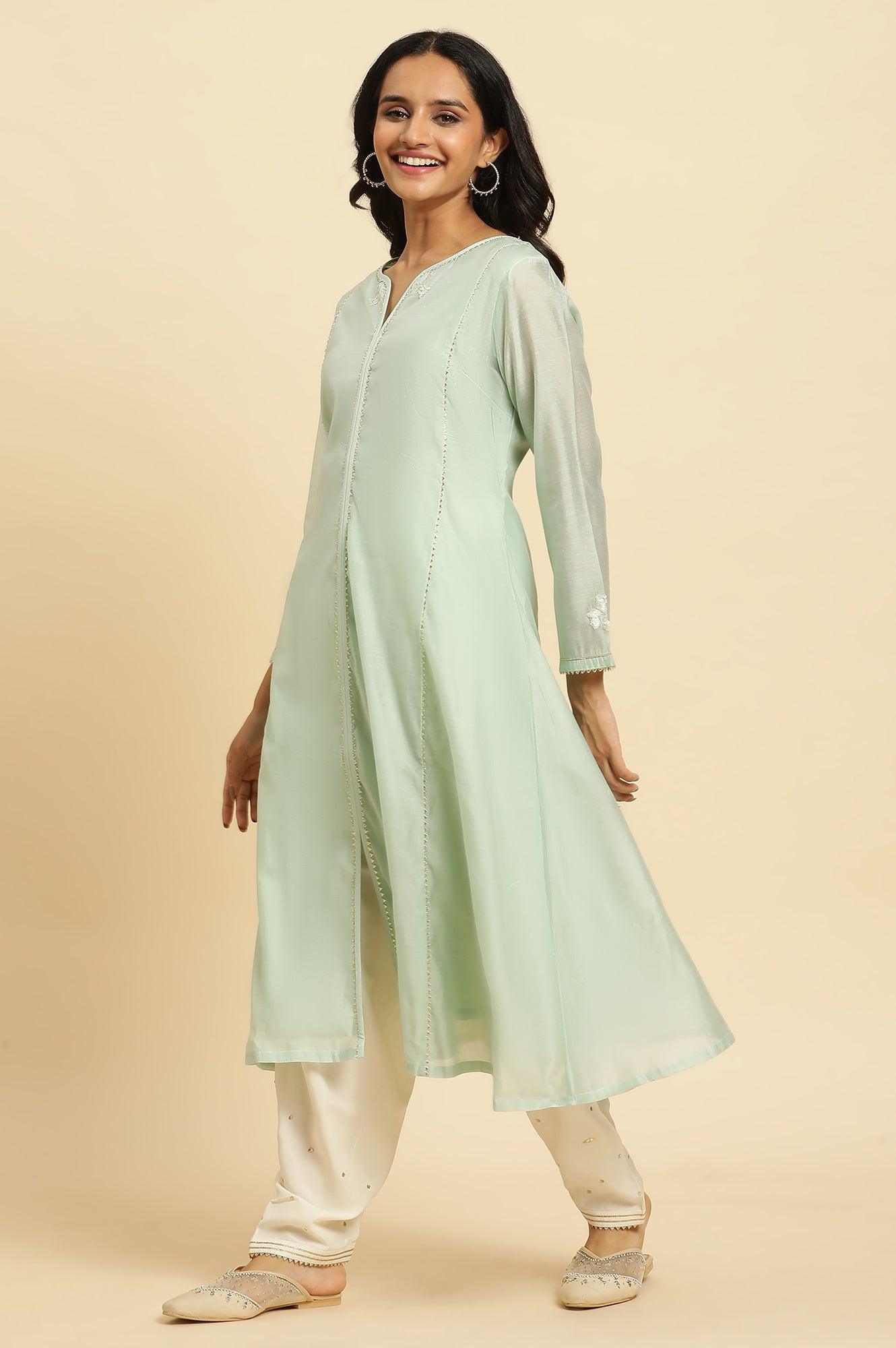 Mint Green Panelled Chanderi Kurta - wforwoman