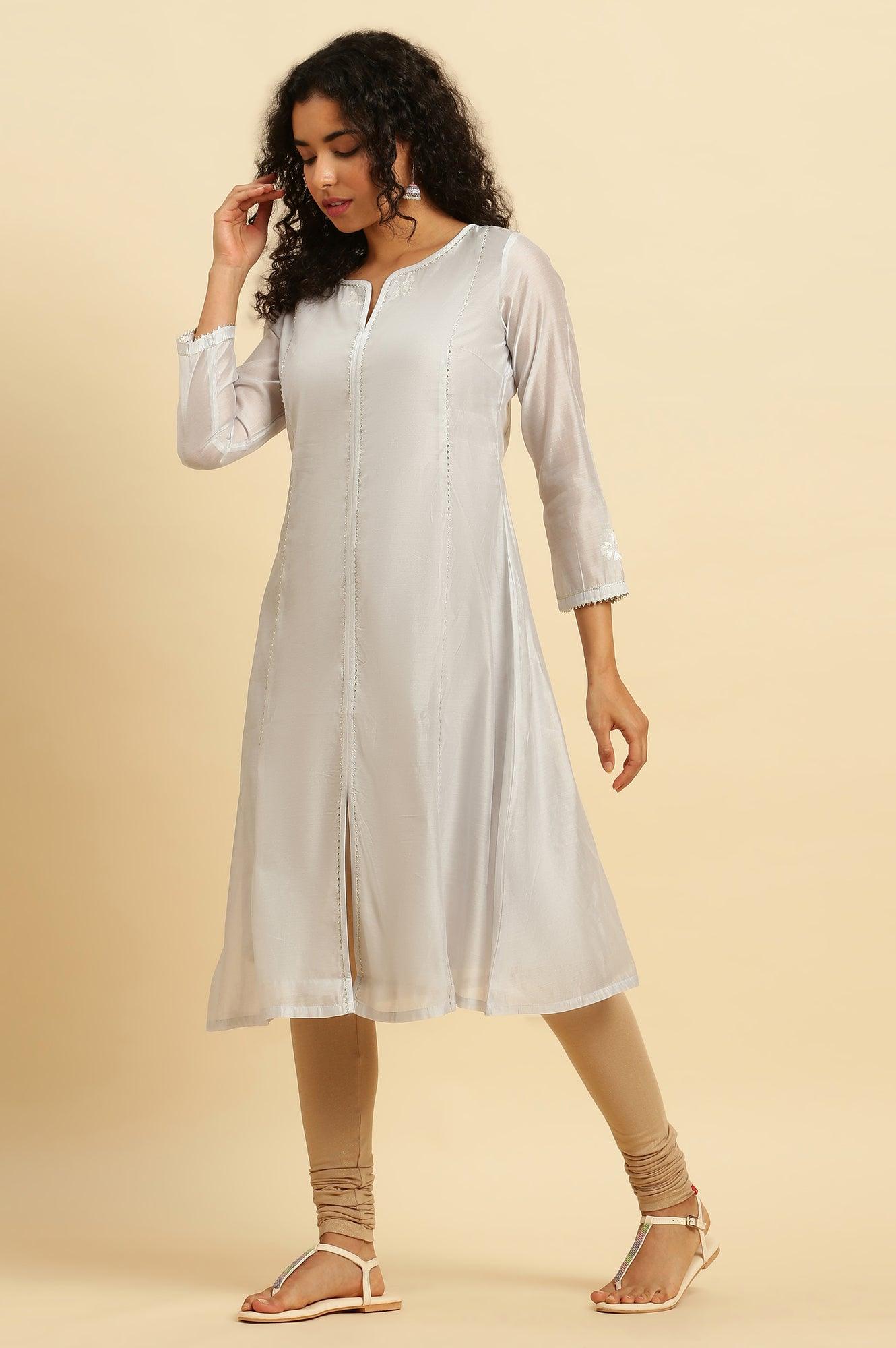 Grey Panelled Chanderi Kurta With Zari Embroidery. - wforwoman