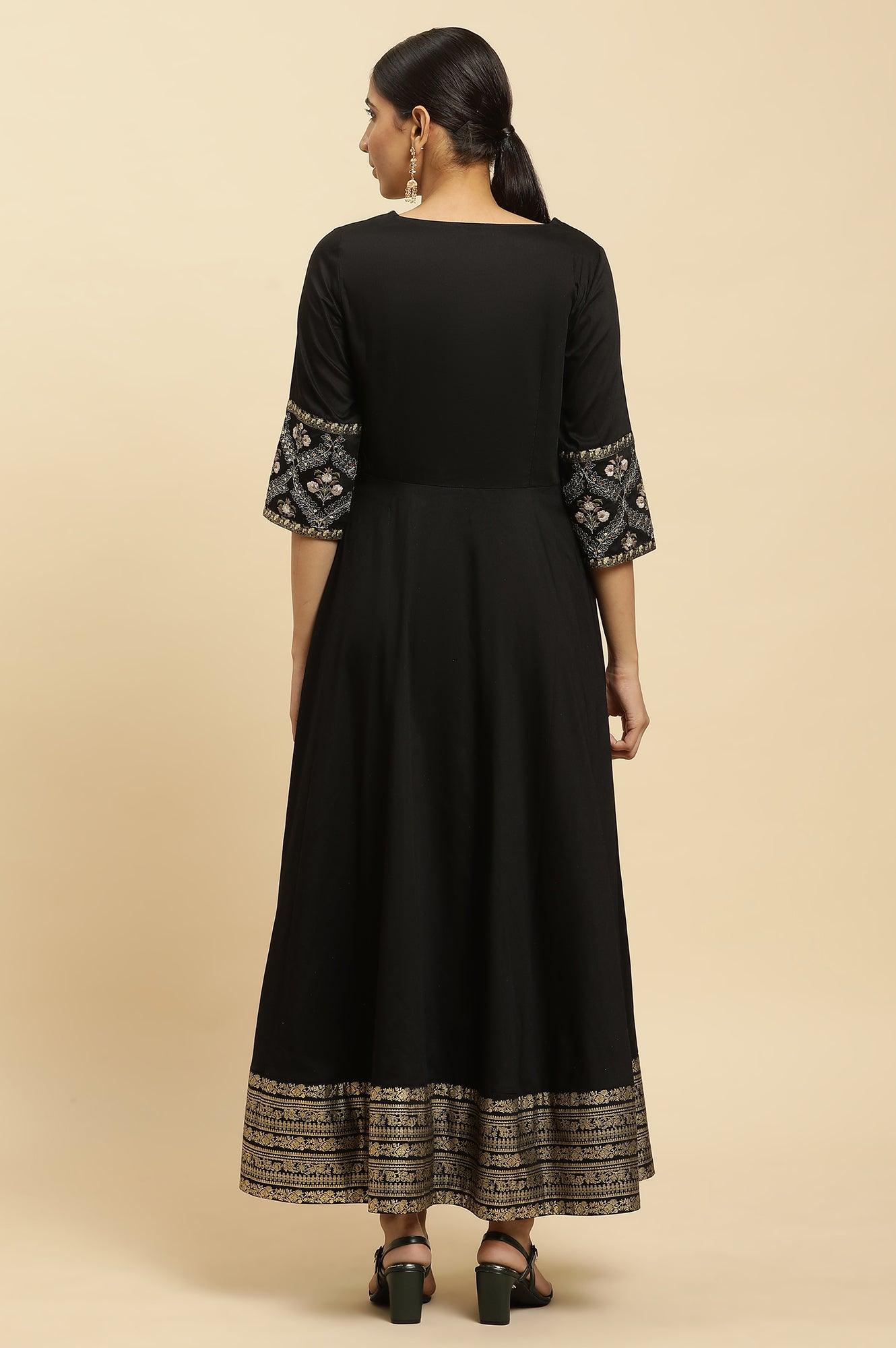 Black Panelled Embroidered Festive Dress - wforwoman