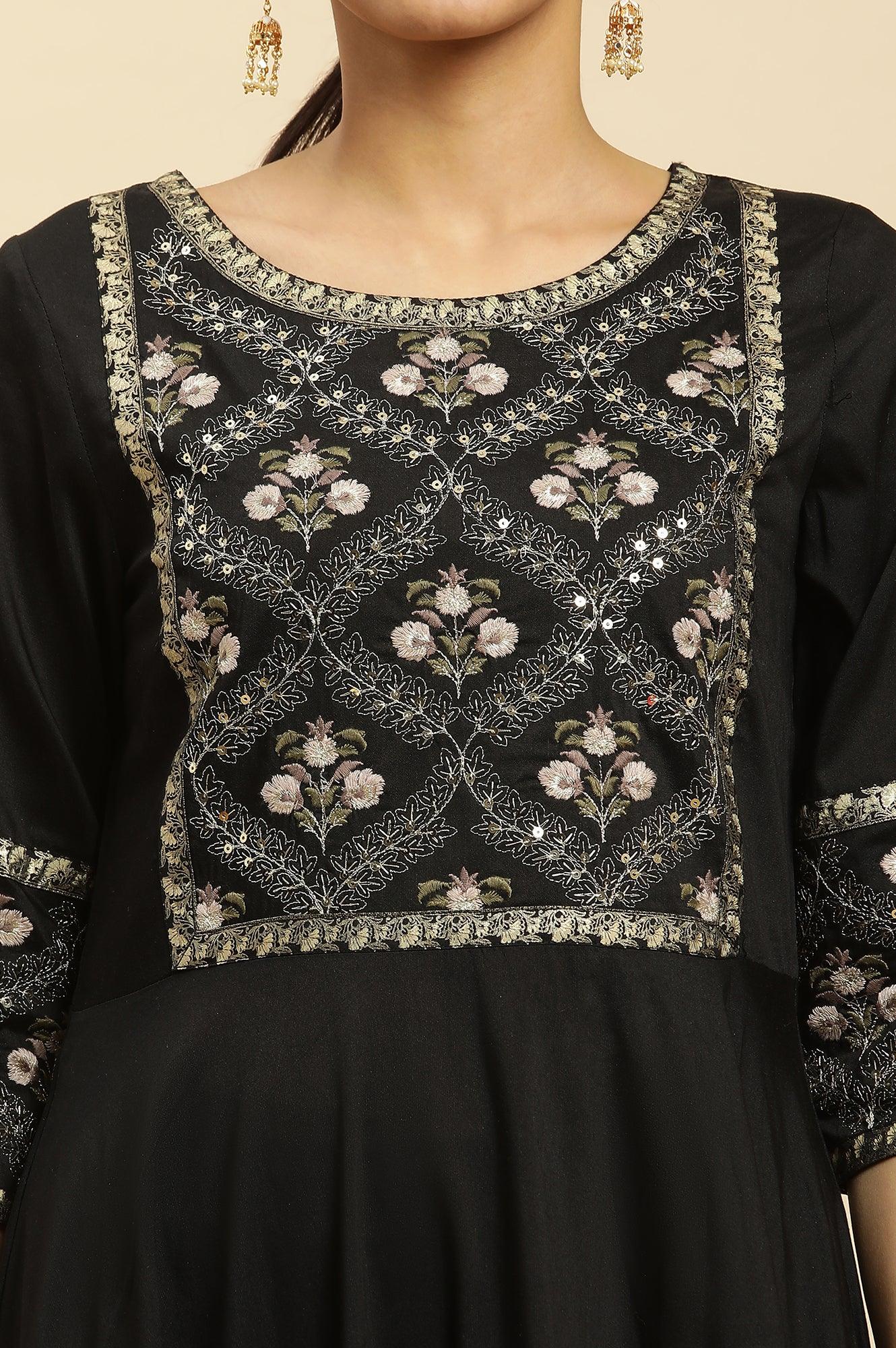 Black Panelled Embroidered Festive Dress - wforwoman