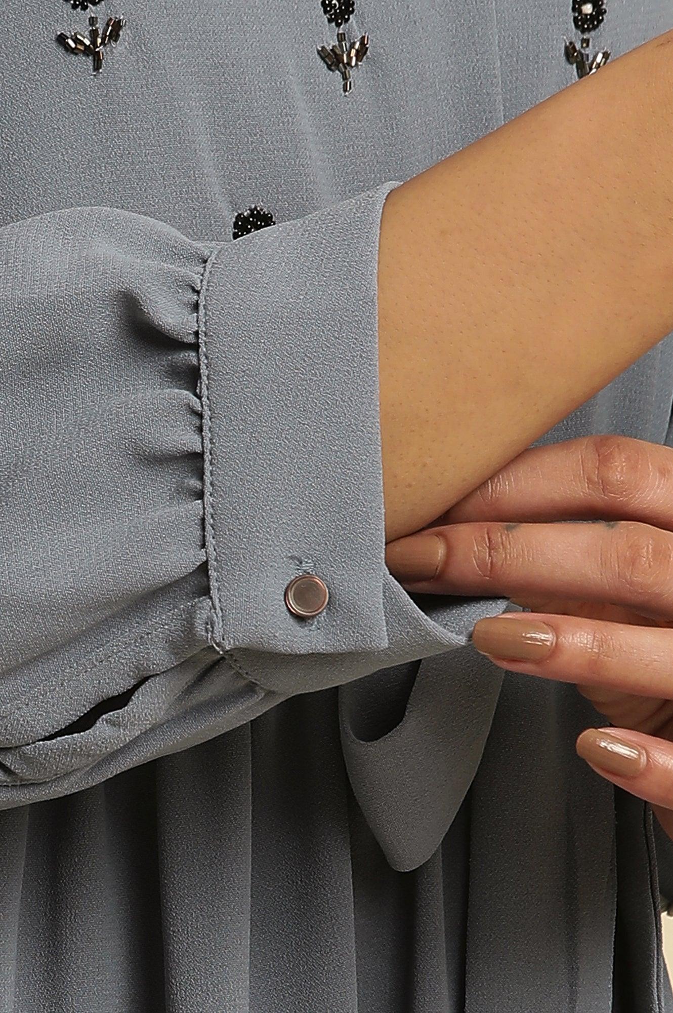 Dusk Blue Embroidered Gathered Dress - wforwoman