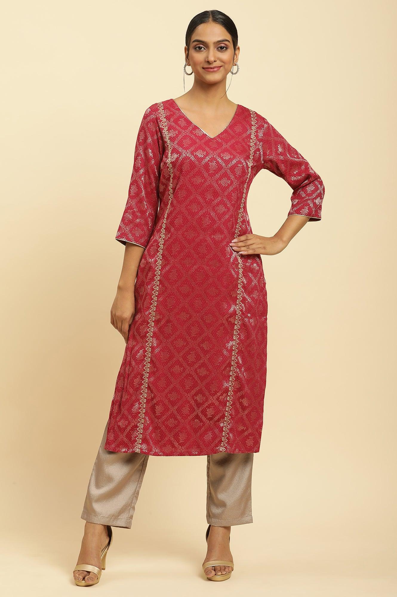 Red Rayon Jacquard Sequined Festive Kurta - wforwoman