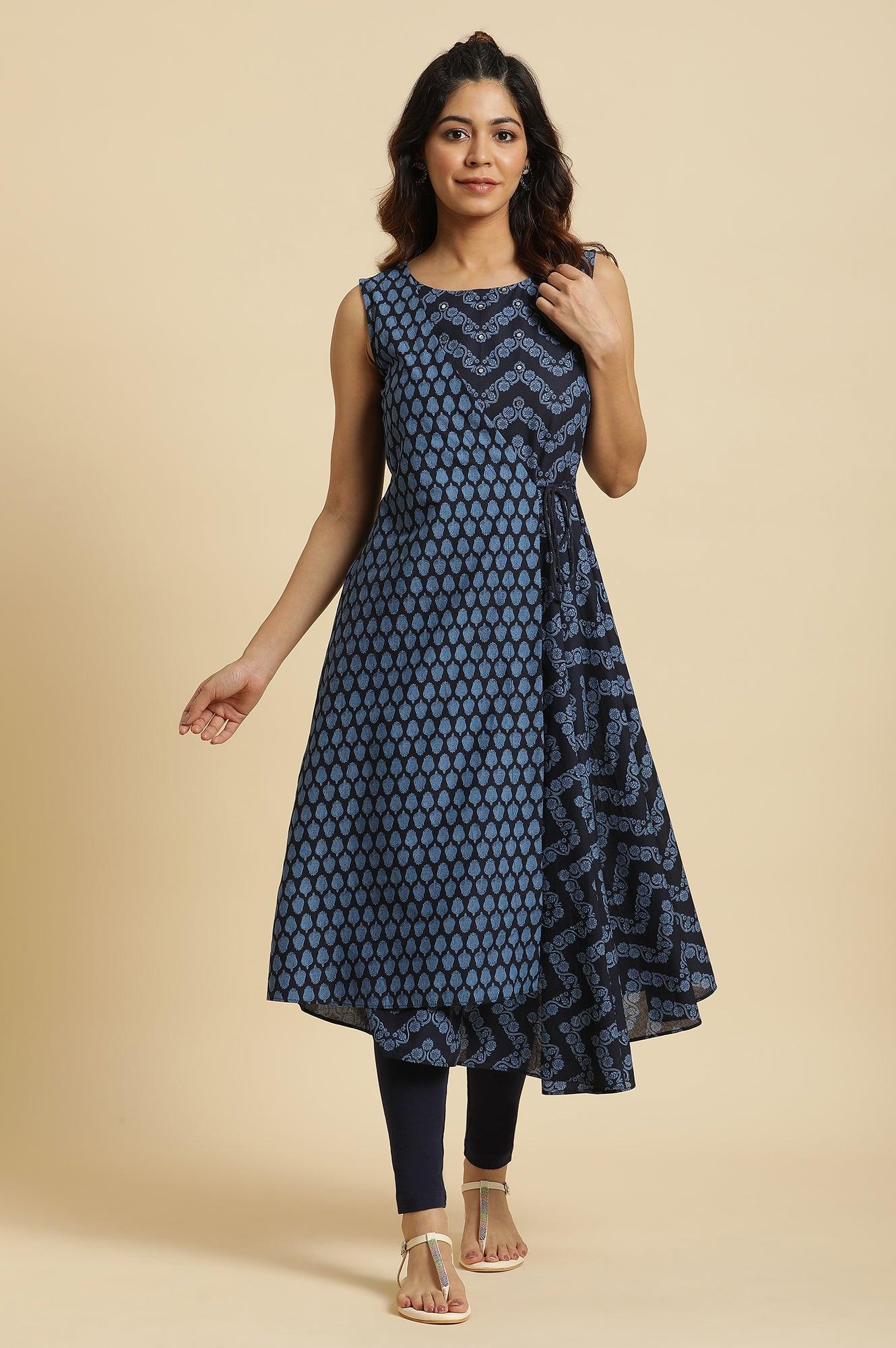 Blue Mock Wrap Print Mix Kurta - wforwoman