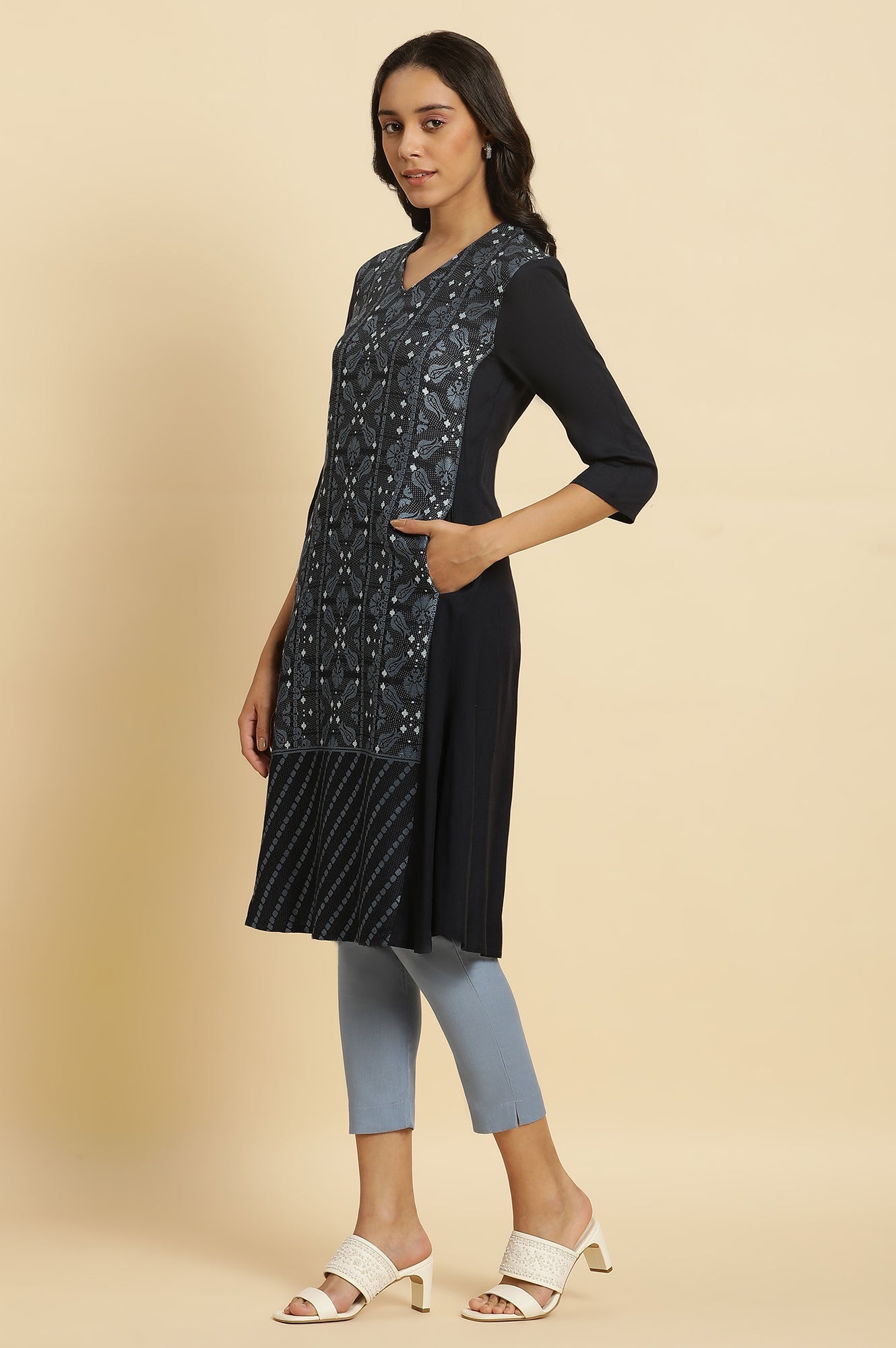 Blue Rayon Flared Kurta and Slim Pant Set
